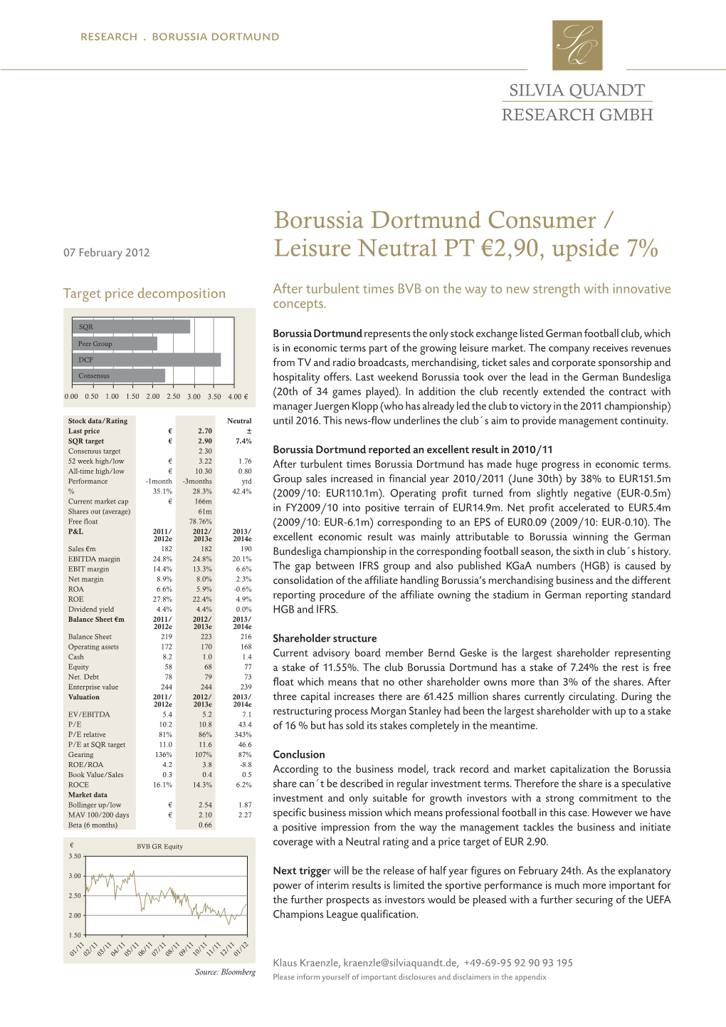 Borussia Dortmund Consumer / Leisure Neutral PT €2,90, Upside 7%