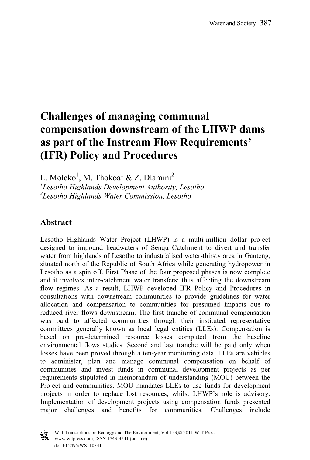 Challenges of Managing Communal Compensation Downstream of the LHWP Dams As Part of the Instream Flow Requirements’ (IFR) Policy and Procedures