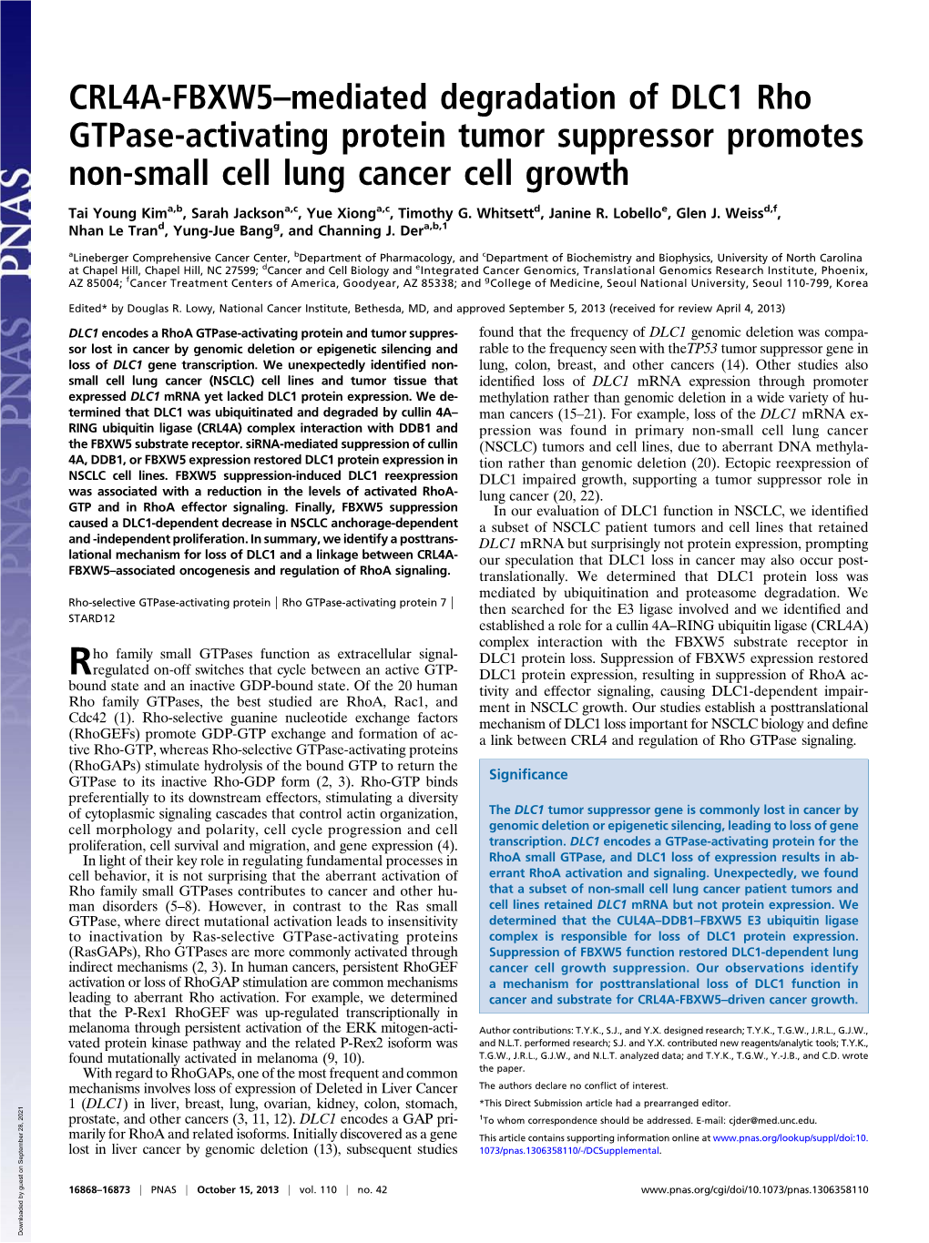 CRL4A-FBXW5–Mediated Degradation of DLC1 Rho Gtpase-Activating Protein Tumor Suppressor Promotes Non-Small Cell Lung Cancer Cell Growth