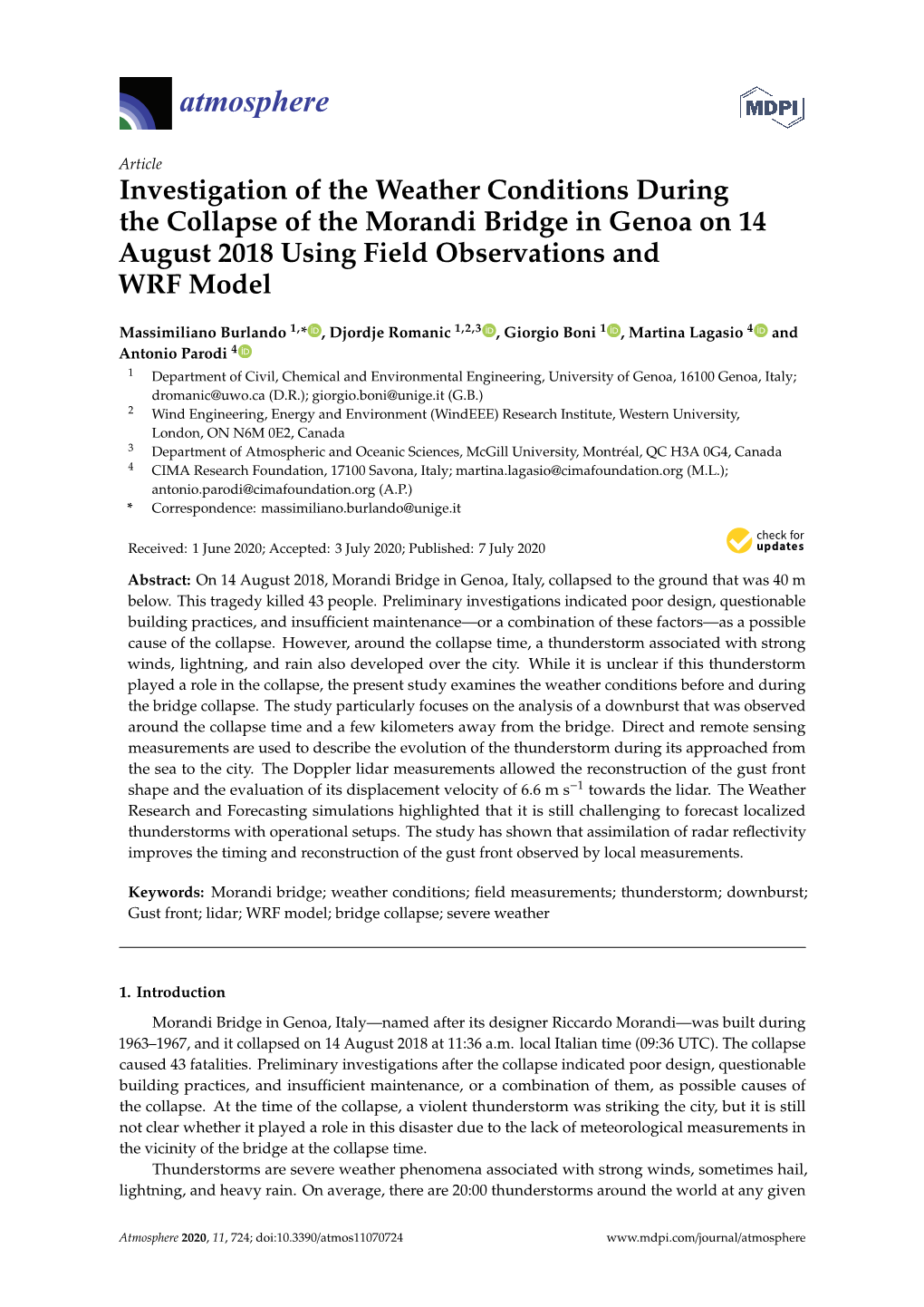 Investigation of the Weather Conditions During the Collapse of the Morandi Bridge in Genoa on 14 August 2018 Using Field Observations and WRF Model