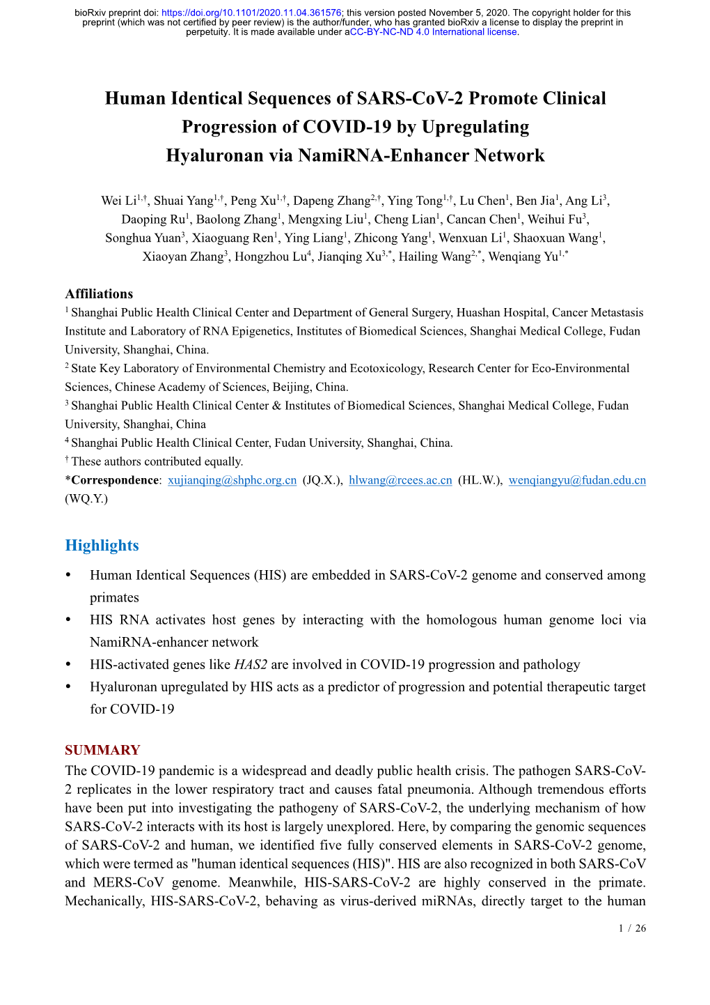 Human Identical Sequences of SARS-Cov-2 Promote Clinical Progression of COVID-19 by Upregulating Hyaluronan Via Namirna-Enhancer Network