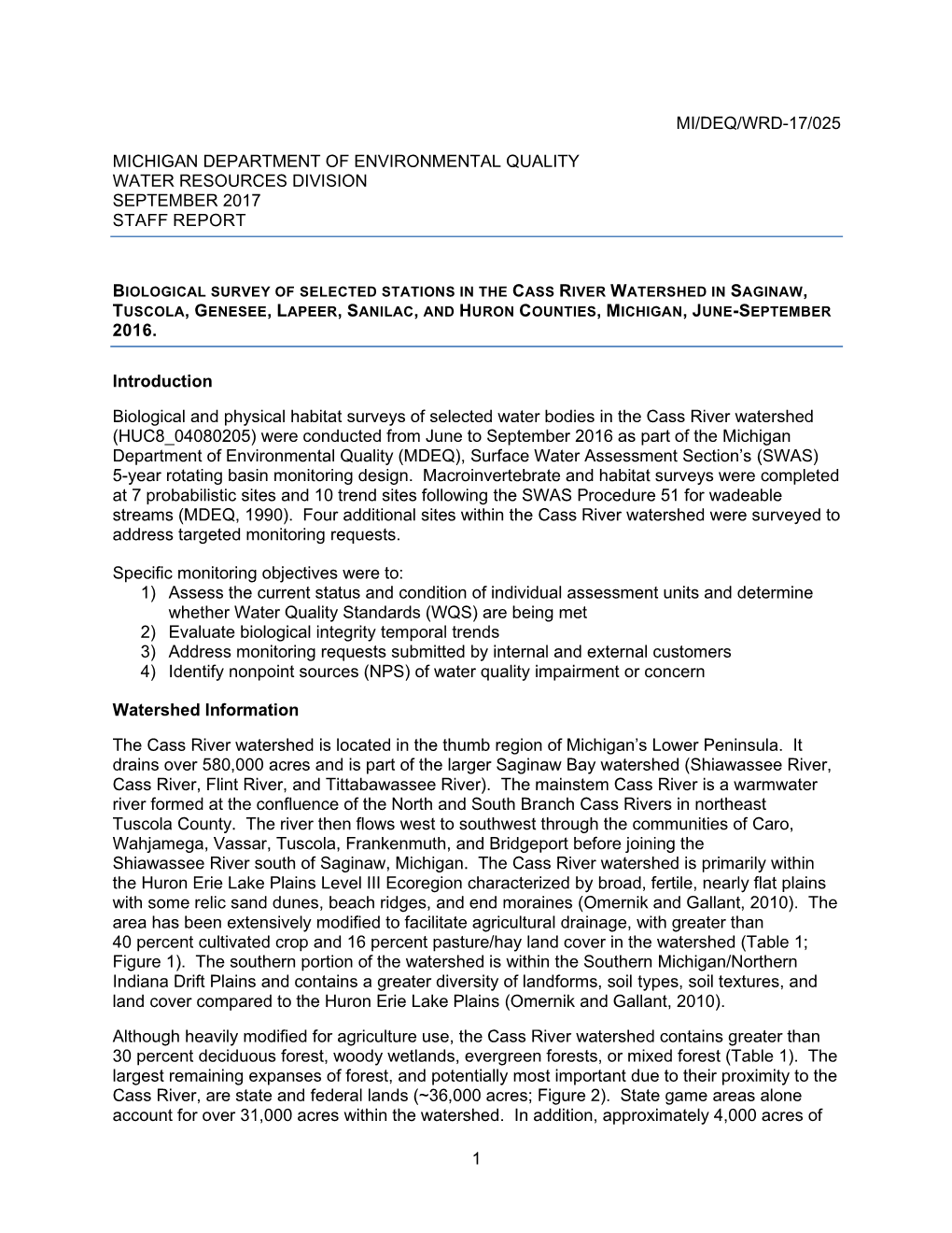 2016 Cass River Watershed Biosurvey Monitoring Report