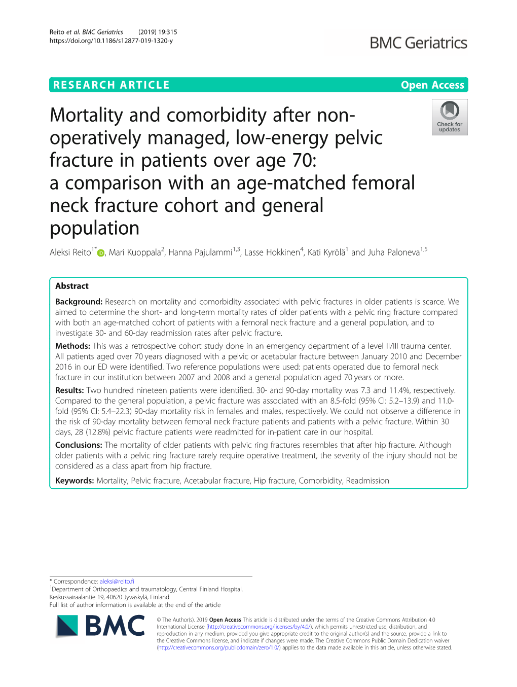 Mortality and Comorbidity After Non-Operatively Managed, Low-Energy Pelvic Fracture in Patients Over Age 70