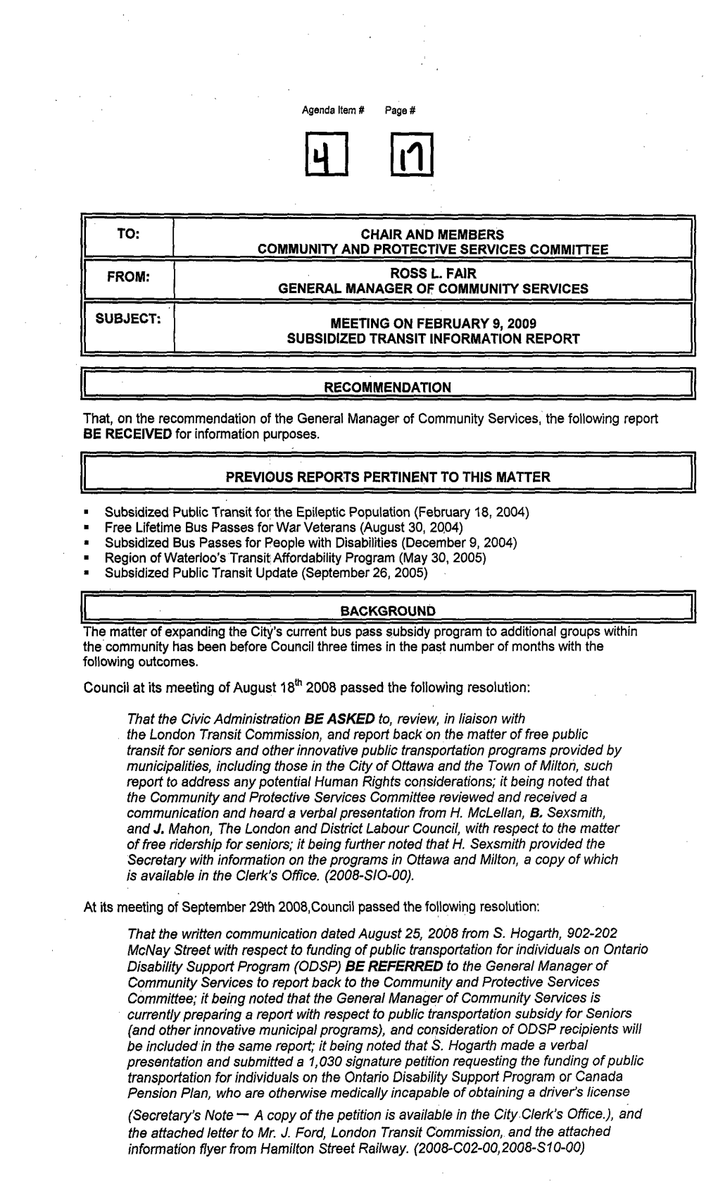 Subject: Meeting on February 9,2009 Subsidized Transit Information Report