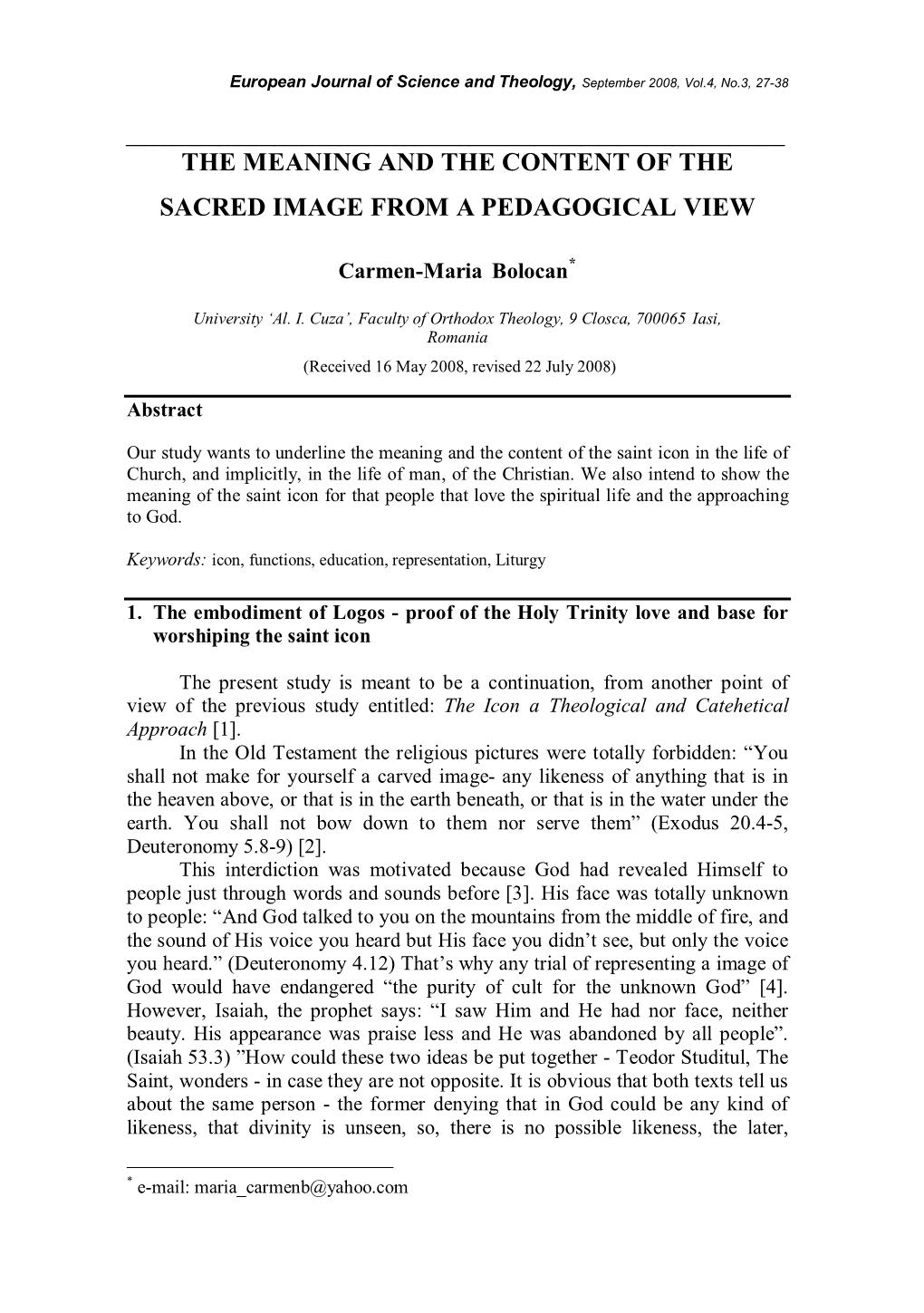 The Meaning and the Content of the Sacred Image from a Pedagogical View