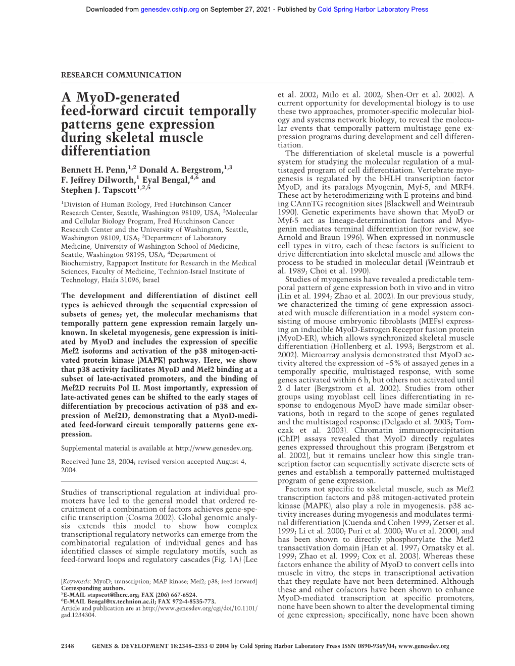 A Myod-Generated Feed-Forward Circuit Temporally Patterns Gene Expression During Skeletal Muscle Differentiation