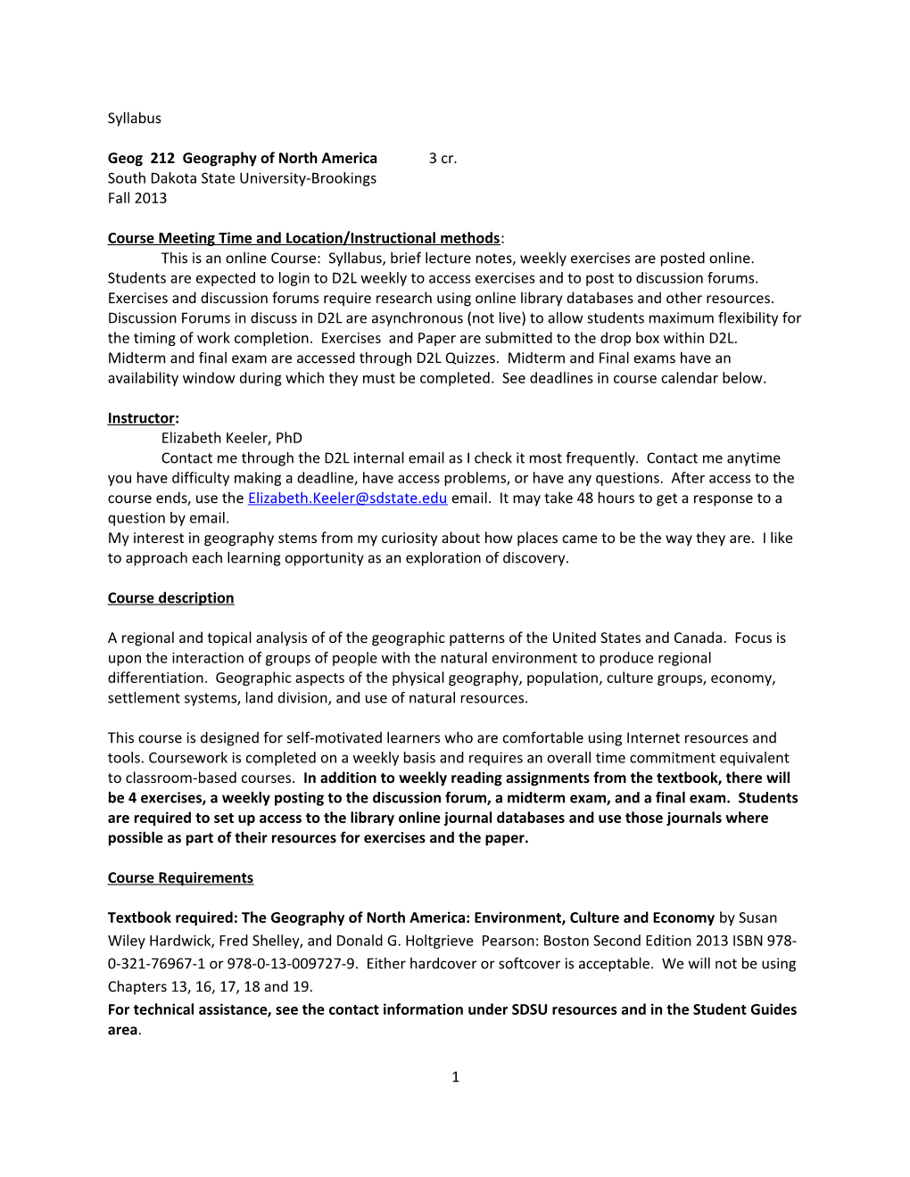 Geog 212 Geography of North America 3 Cr