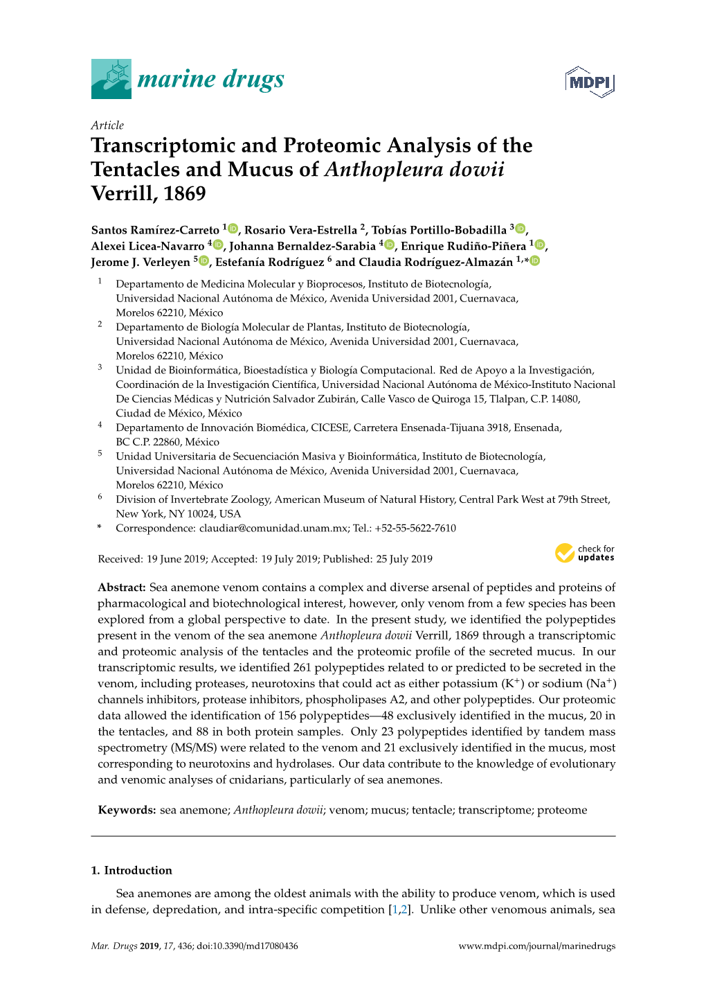 Transcriptomic and Proteomic Analysis of the Tentacles and Mucus of Anthopleura Dowii Verrill, 1869