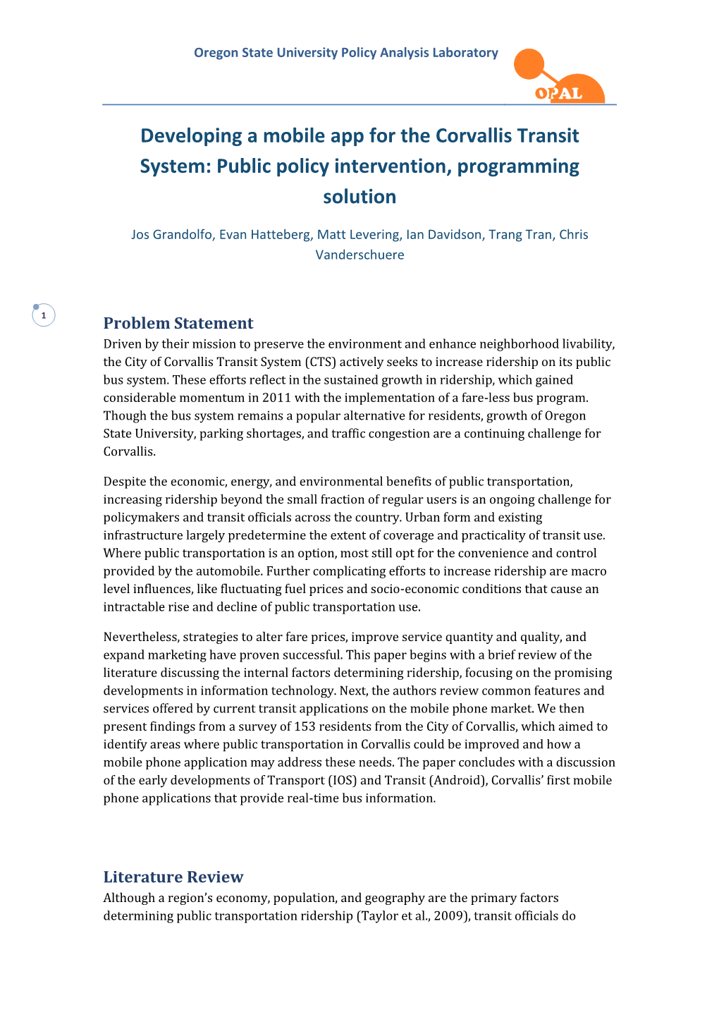 Developing a Mobile App for the Corvallis Transit System: Public Policy Intervention, Programming Solution