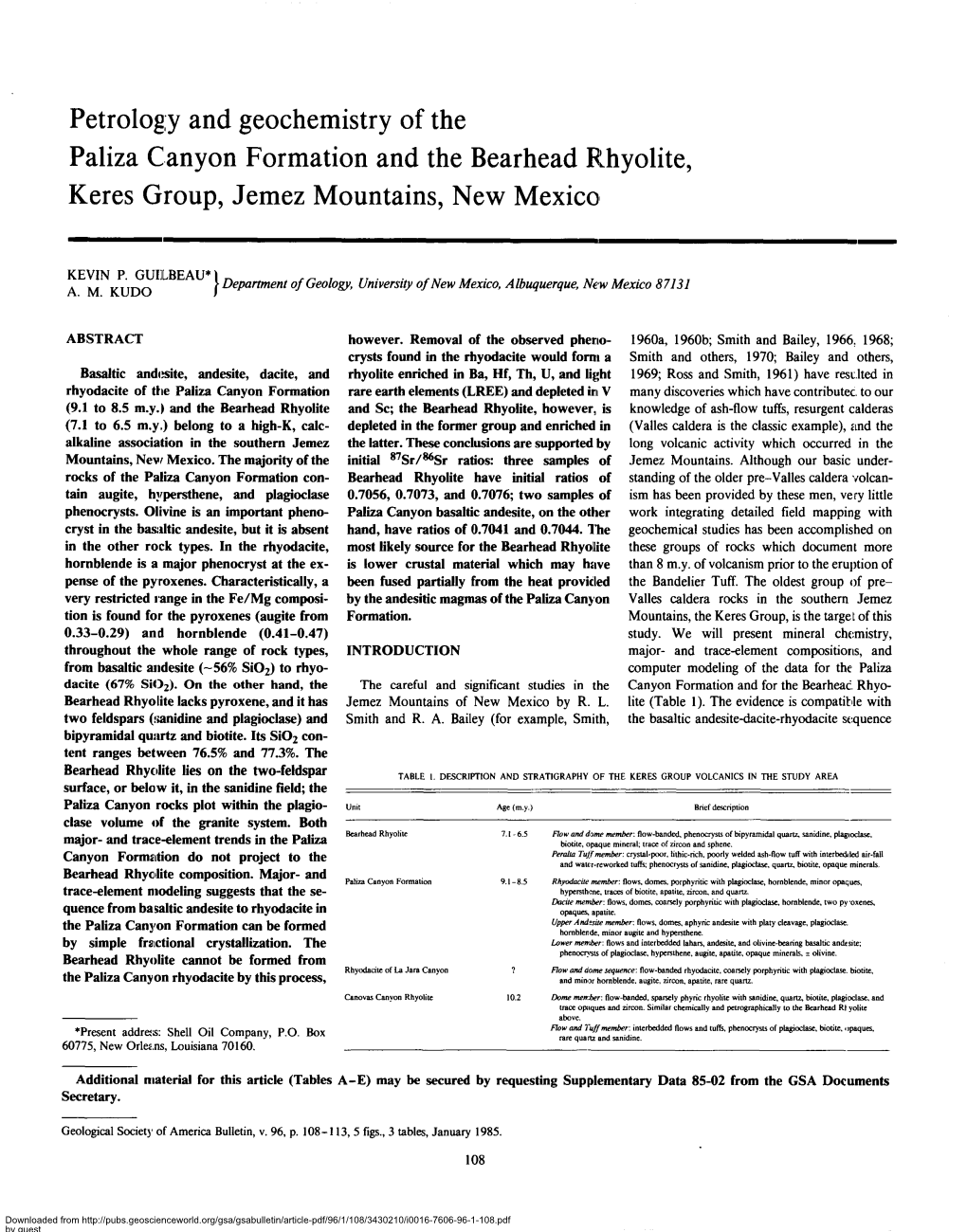 Petrology and Geochemistry of the Paliza Canyon Formation and the Bearhead Rhyolite, Keres Group, Jemez Mountains, New Mexico