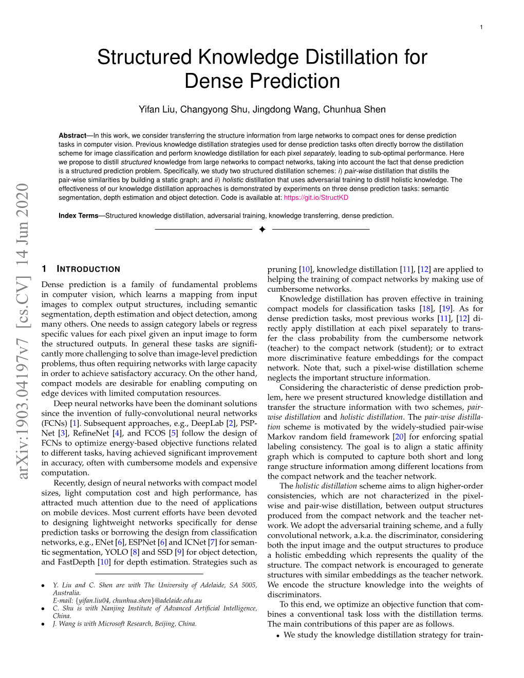 Structured Knowledge Distillation for Dense Prediction