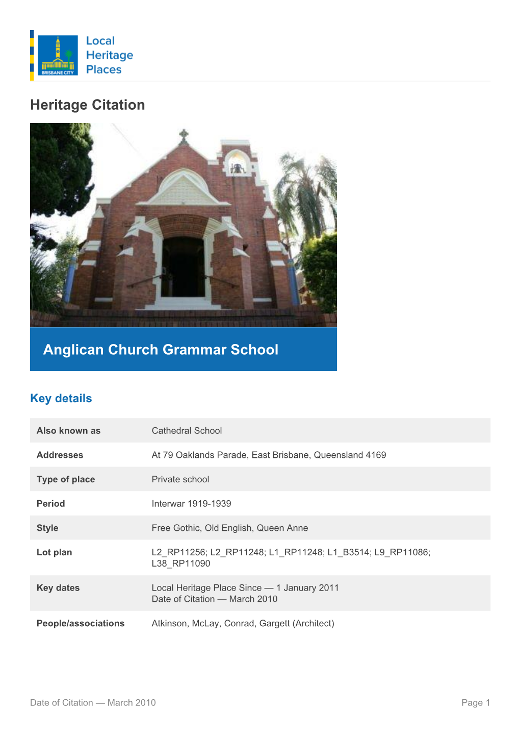 Heritage Citation Anglican Church Grammar School