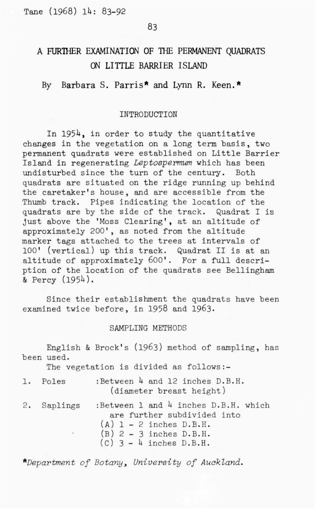 A Further Examination of the Permanent Quadrats on Little Barrier Island