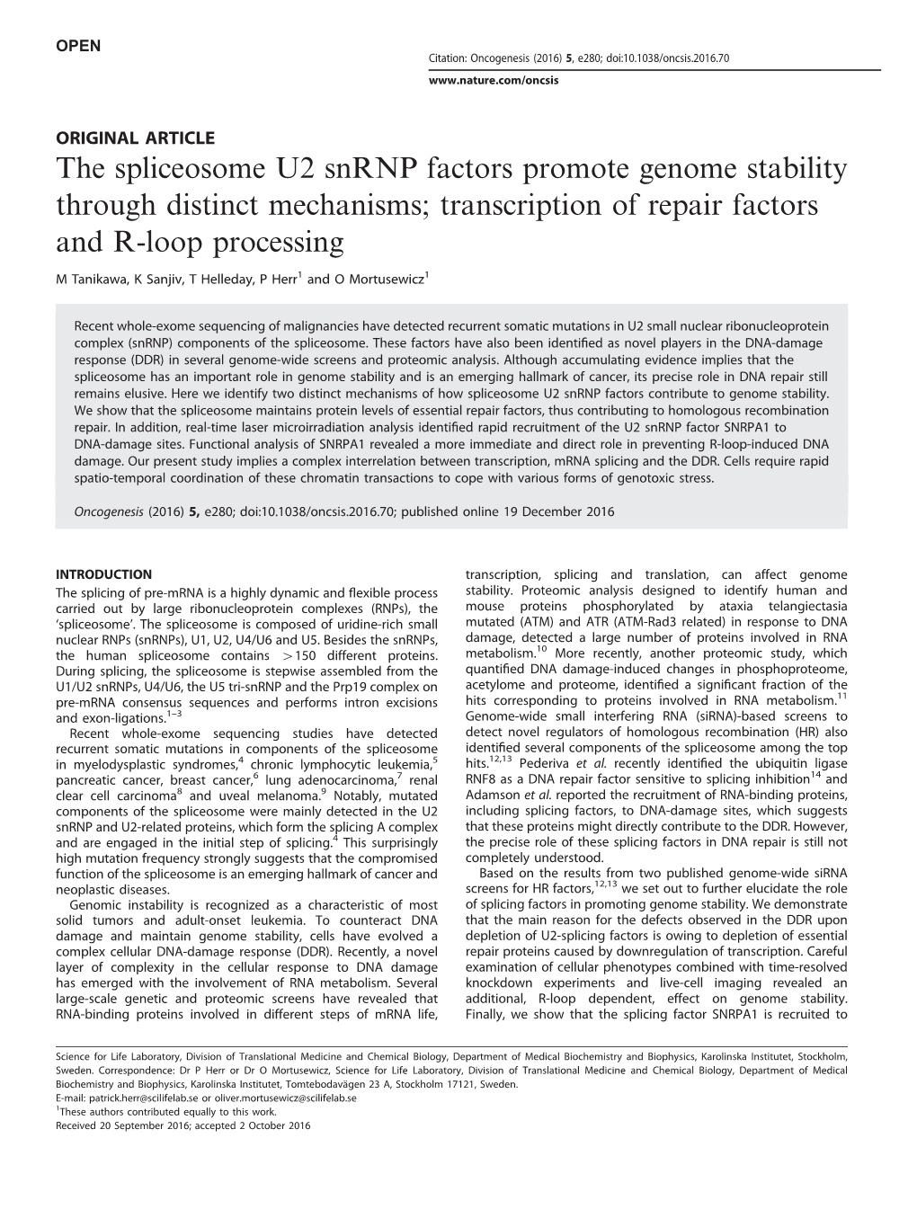 The Spliceosome U2 Snrnp Factors Promote Genome Stability Through Distinct Mechanisms; Transcription of Repair Factors and R-Loop Processing