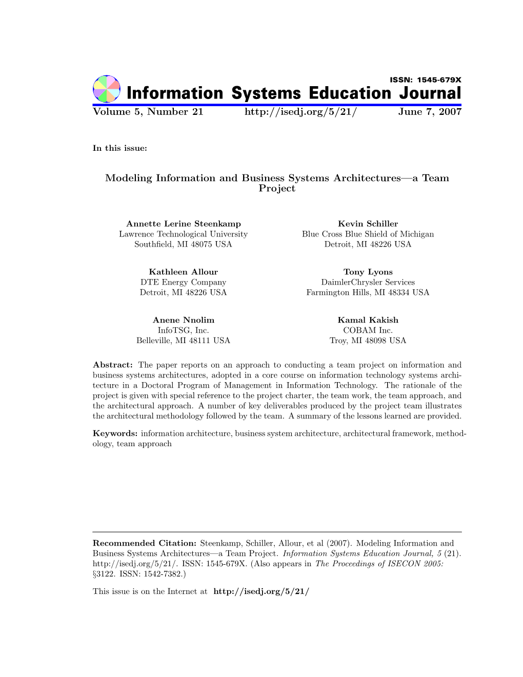 Modeling Information and Business Systems Architectures—A Team Project