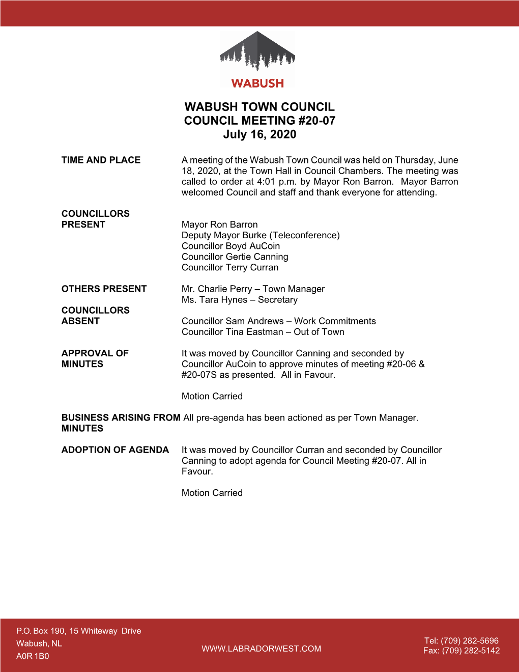 WABUSH TOWN COUNCIL COUNCIL MEETING #20-07 July 16, 2020