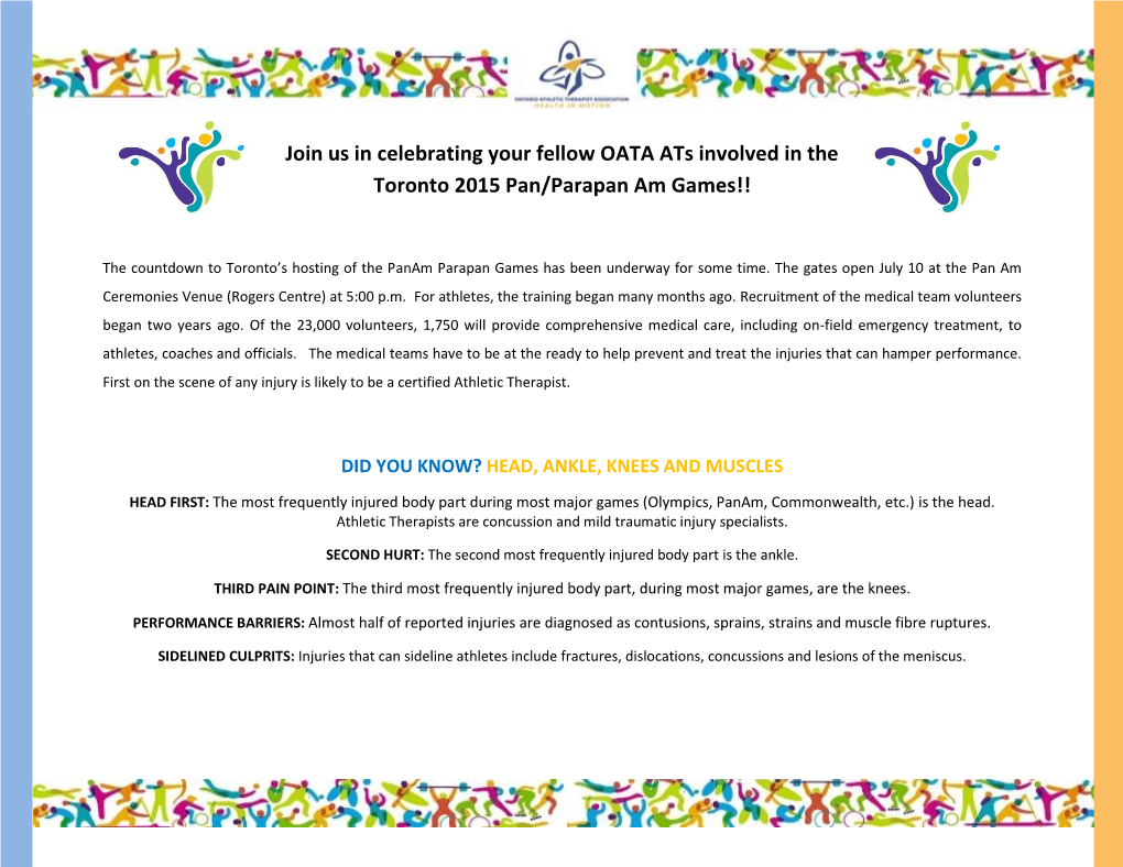 Join Us in Celebrating Your Fellow OATA Ats Involved in the Toronto 2015 Pan/Parapan Am Games!!