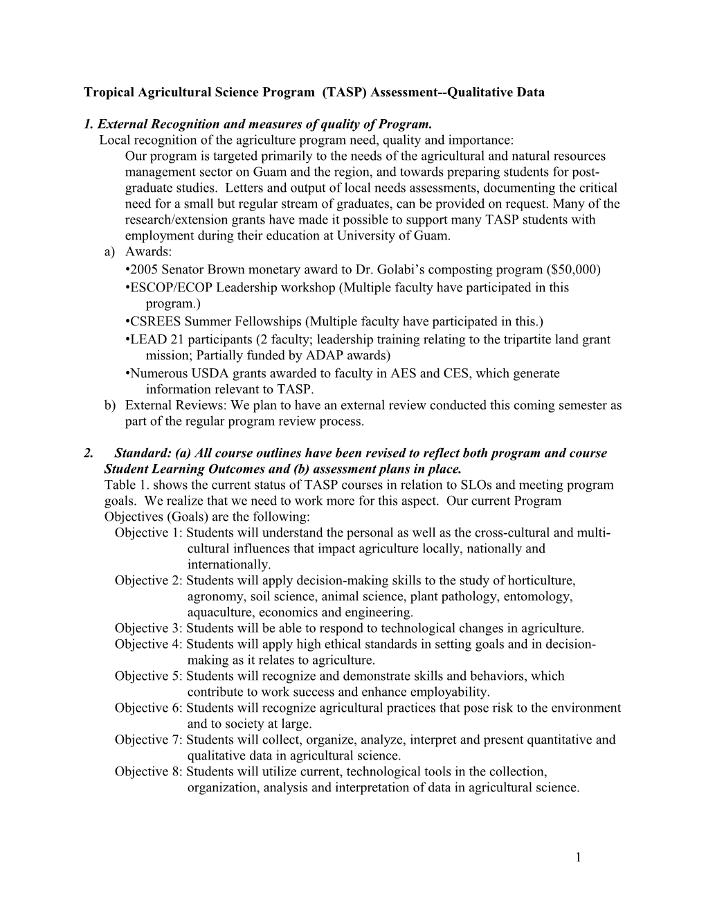 Tropical Agricultural Science Program (TASP) Assessment Qualitative Data