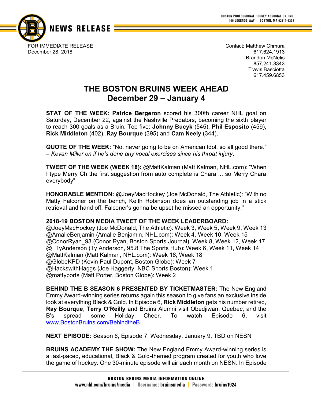 THE BOSTON BRUINS WEEK AHEAD December 29 – January 4