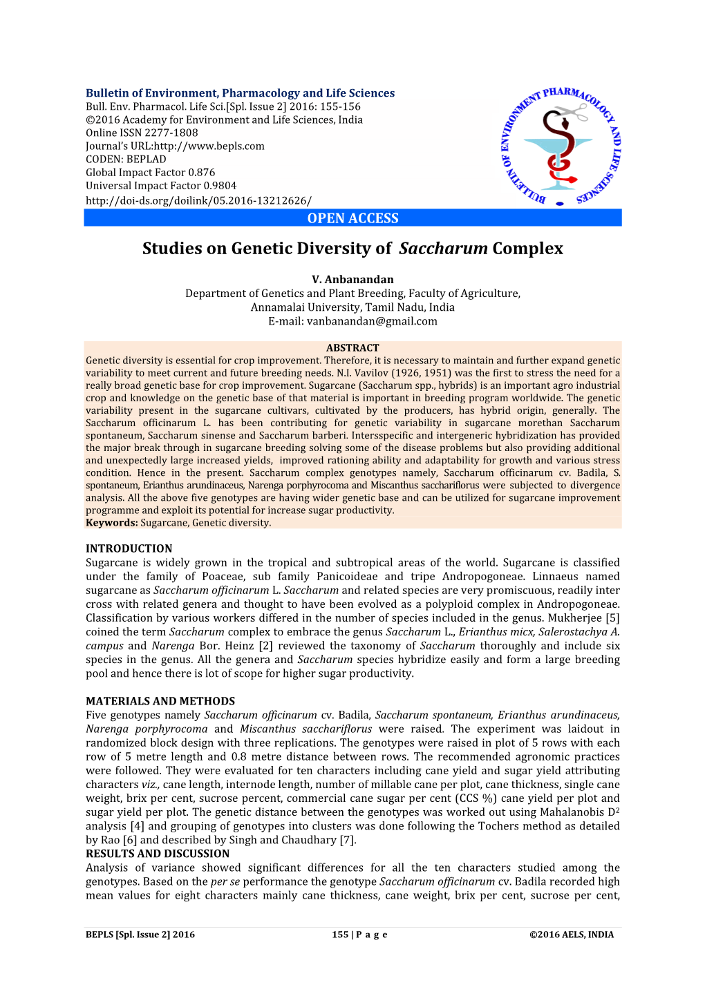 Studies on Genetic Diversity of Saccharum Complex