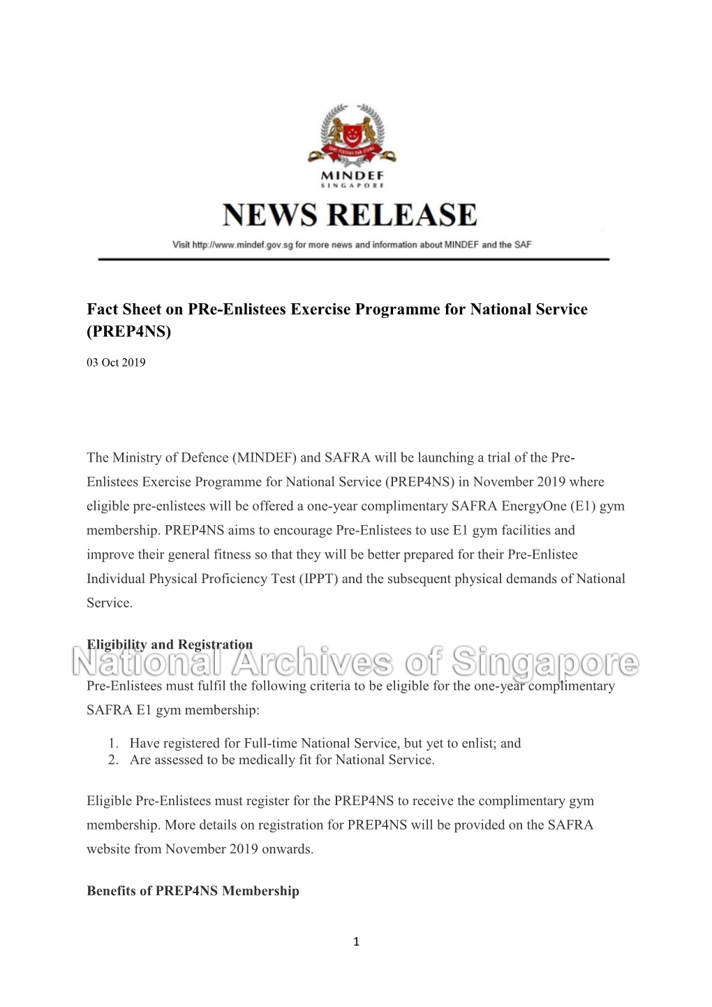 Fact Sheet on Pre-Enlistees Exercise Programme for National Service (PREP4NS)