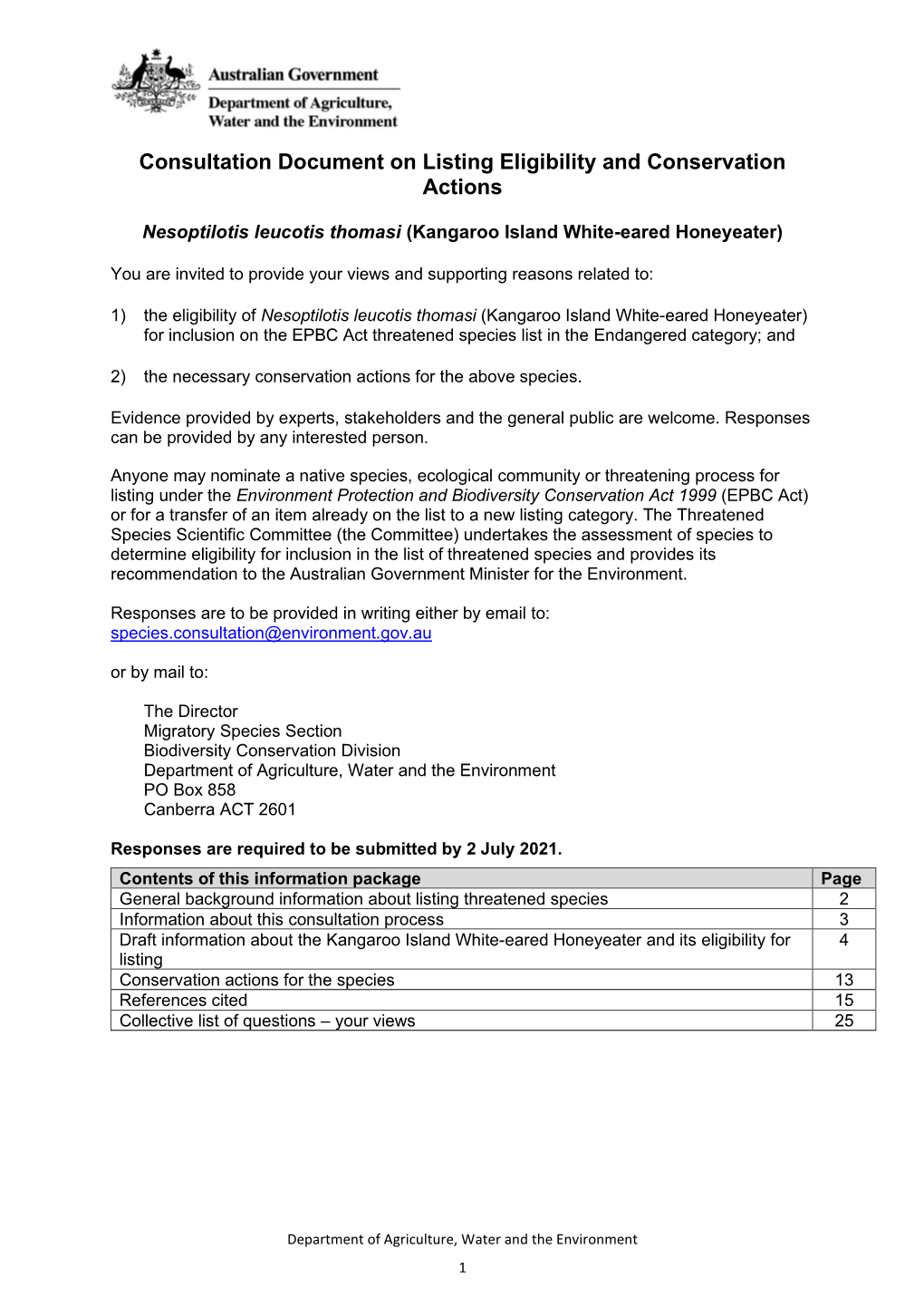 Consultation Document on Listing Eligibility and Conservation Actions