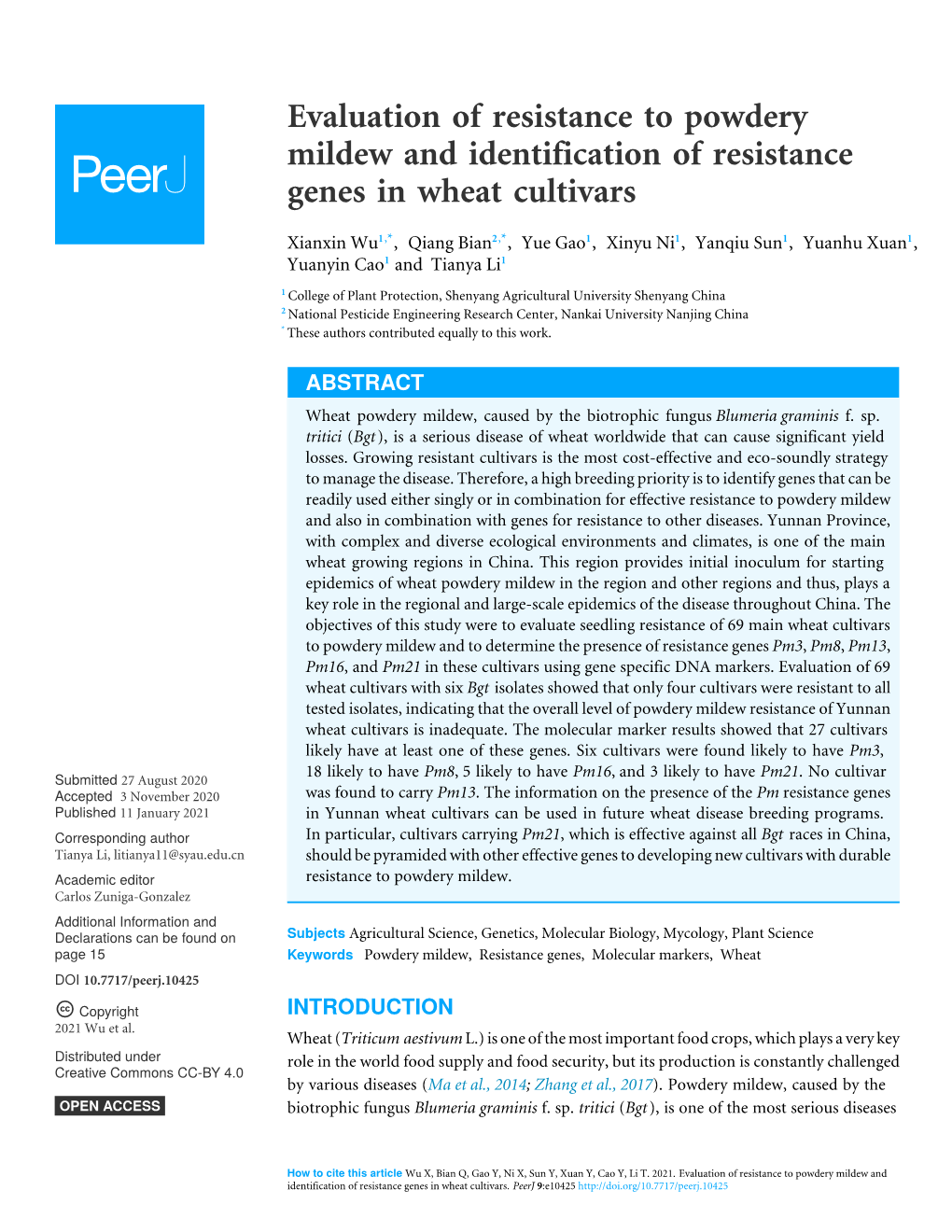 Evaluation of Resistance to Powdery Mildew and Identification of Resistance Genes in Wheat Cultivars