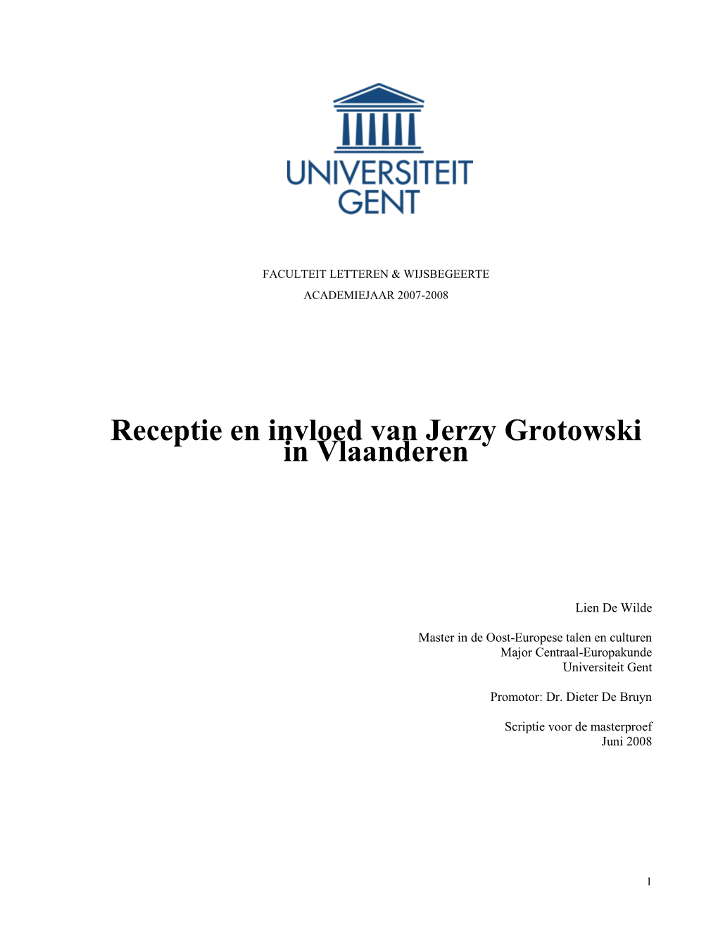 Receptie En Invloed Van Jerzy Grotowski in Vlaanderen