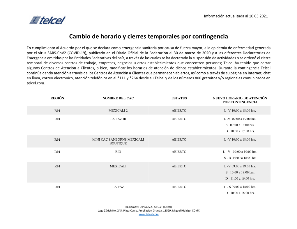 Cambio De Horario Y Cierres Temporales Por Contingencia