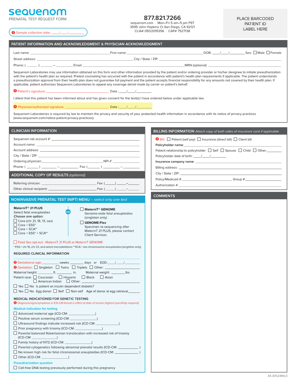 Sequenom Test Requisition Form