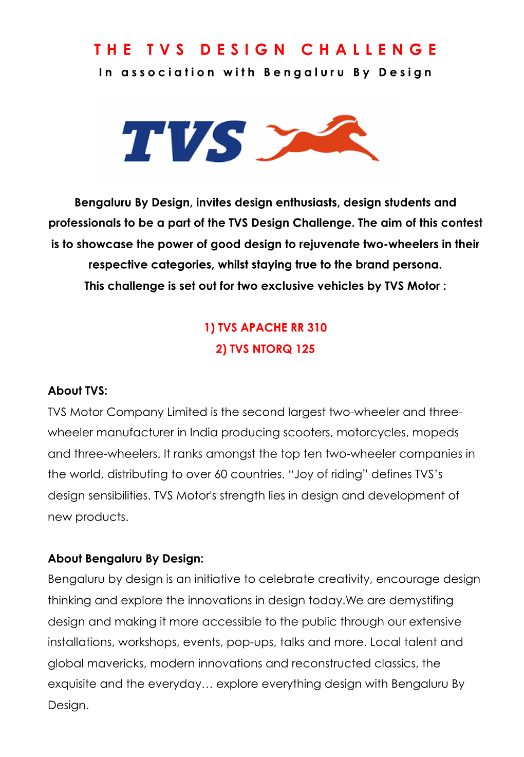 THE TVS DESIGN CHALLENGE in Association with Bengaluru by Design