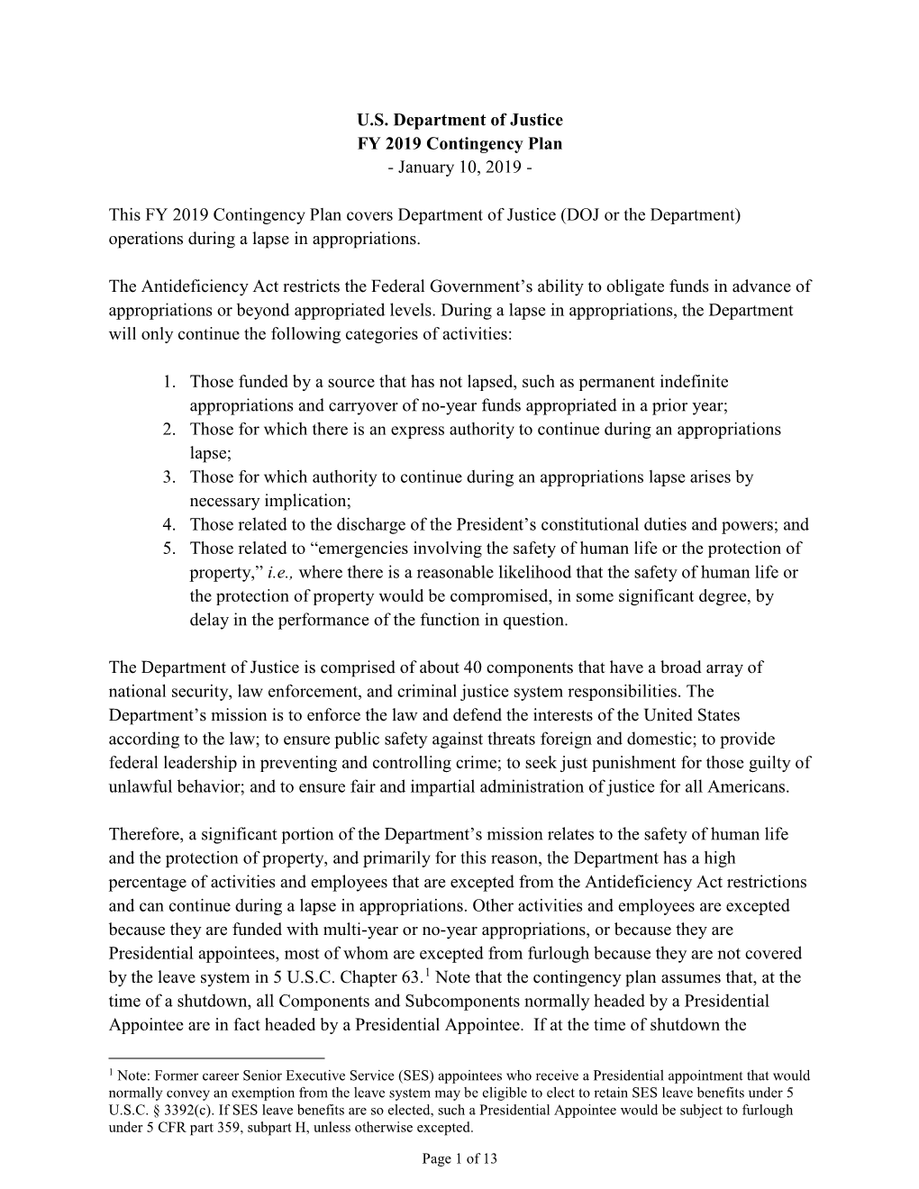 FY 2019 DOJ Contingency Plan