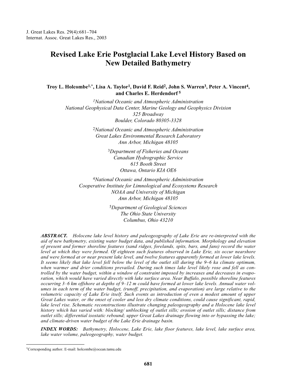 Revised Lake Erie Postglacial Lake Level History Based on New Detailed Bathymetry