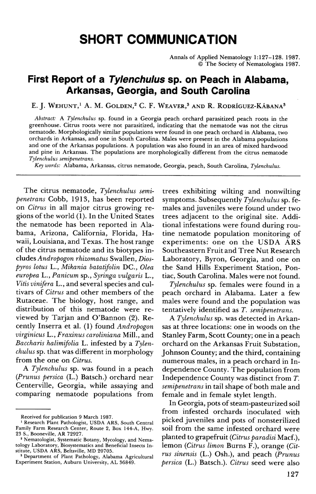 First Report of a Tylenchulus Sp. on Peach in Alabama, Arkansas, Georgia, and South Carolina