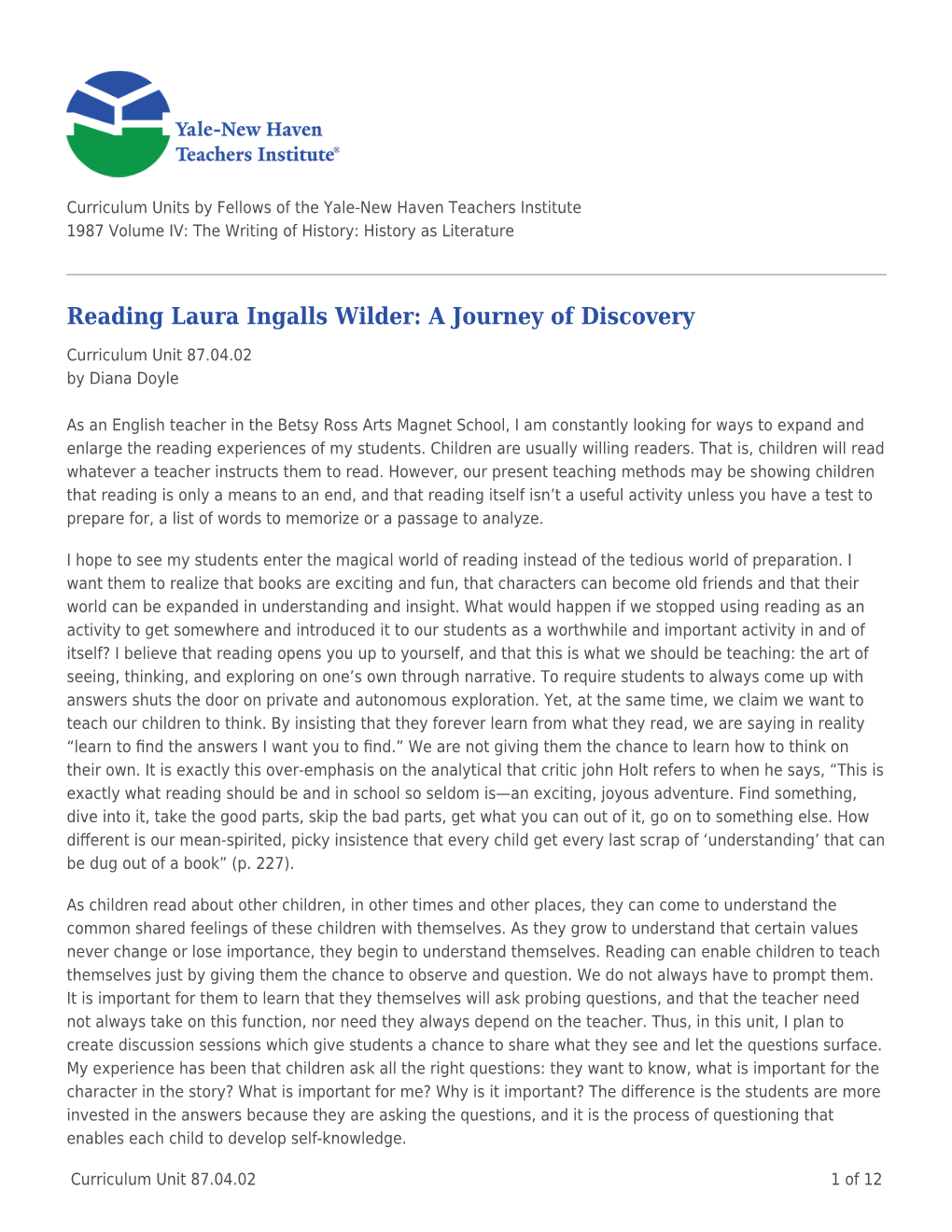 Reading Laura Ingalls Wilder: a Journey of Discovery