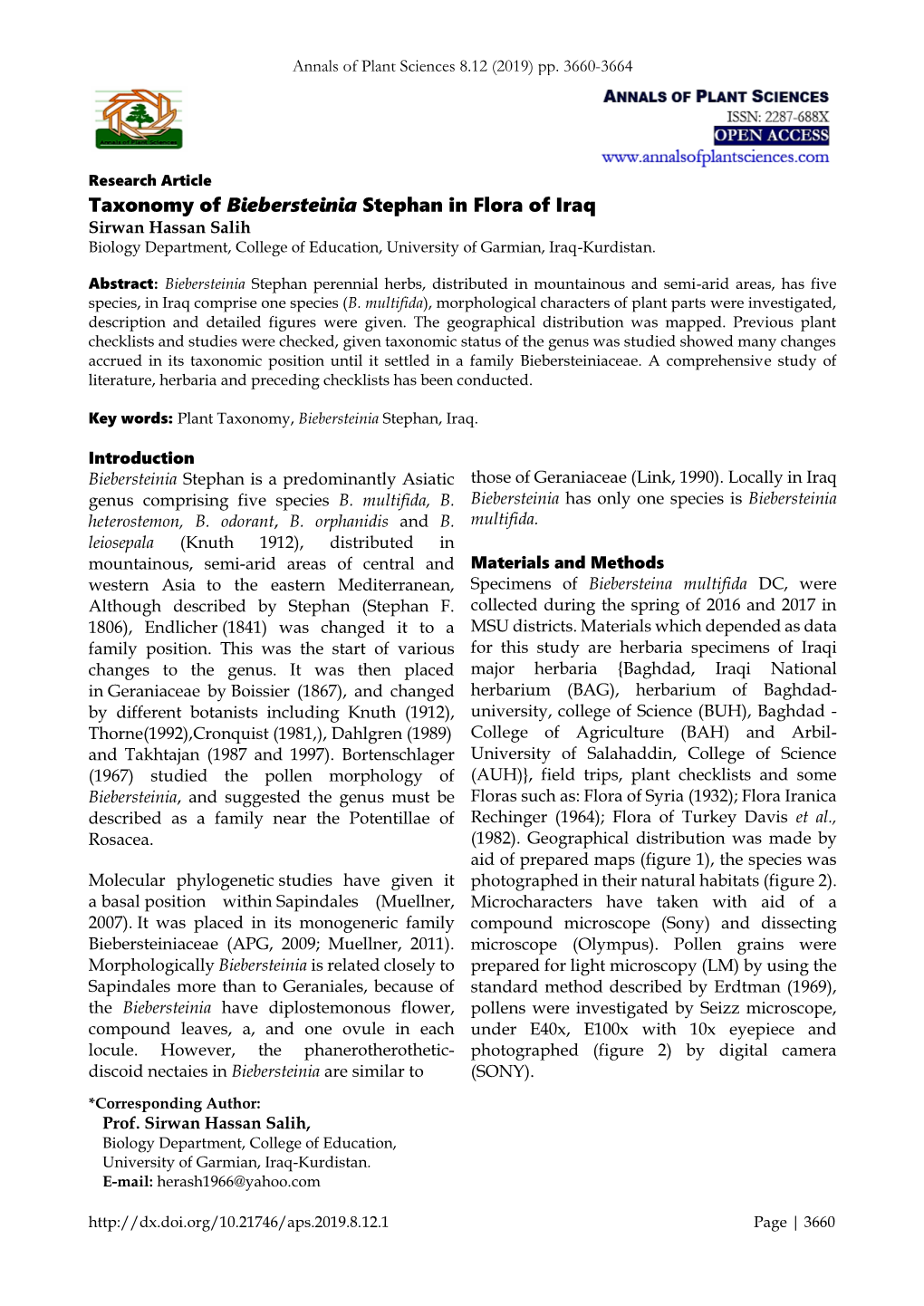 Taxonomy of Biebersteinia Stephan in Flora of Iraq Sirwan Hassan Salih Biology Department, College of Education, University of Garmian, Iraq-Kurdistan