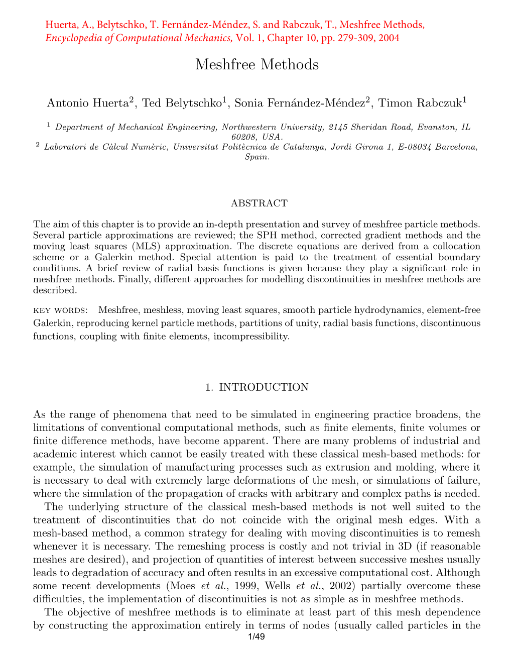 Meshfree Methods, Encyclopedia of Computational Mechanics, Vol