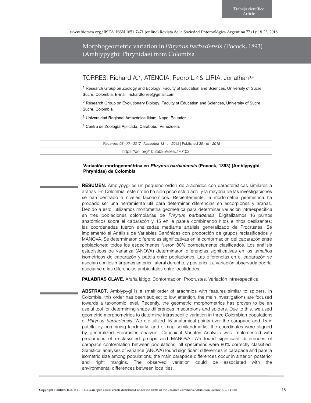 Morphogeometric Variation in Phrynus Barbadensis (Pocock, 1893) (Amblypyghi: Phrynidae) from Colombia