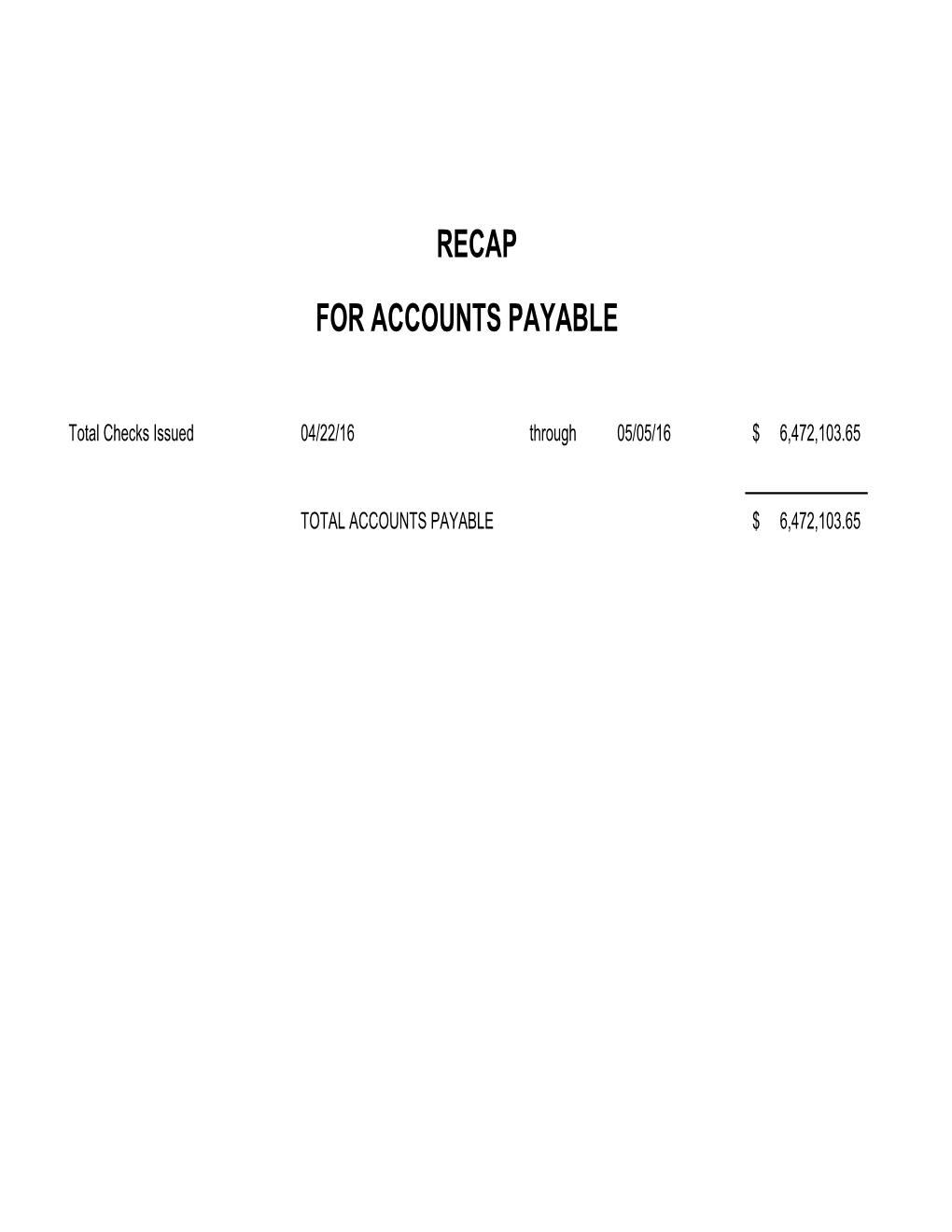 Accounts Payable Covering the Period April 22