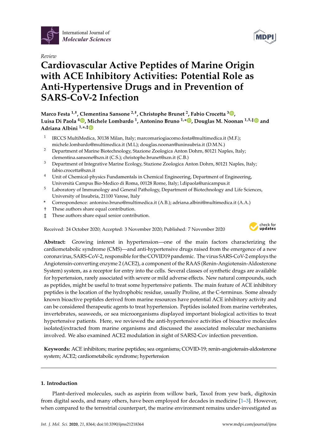 Cardiovascular Active Peptides of Marine Origin with ACE Inhibitory Activities: Potential Role As Anti-Hypertensive Drugs and in Prevention of SARS-Cov-2 Infection