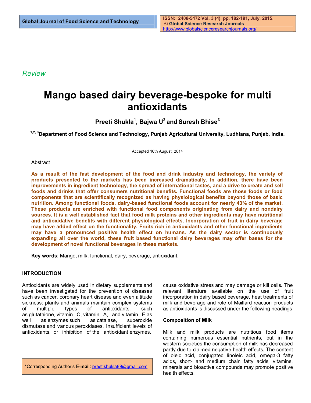 Mango Based Dairy Beverage-Bespoke for Multi Antioxidants
