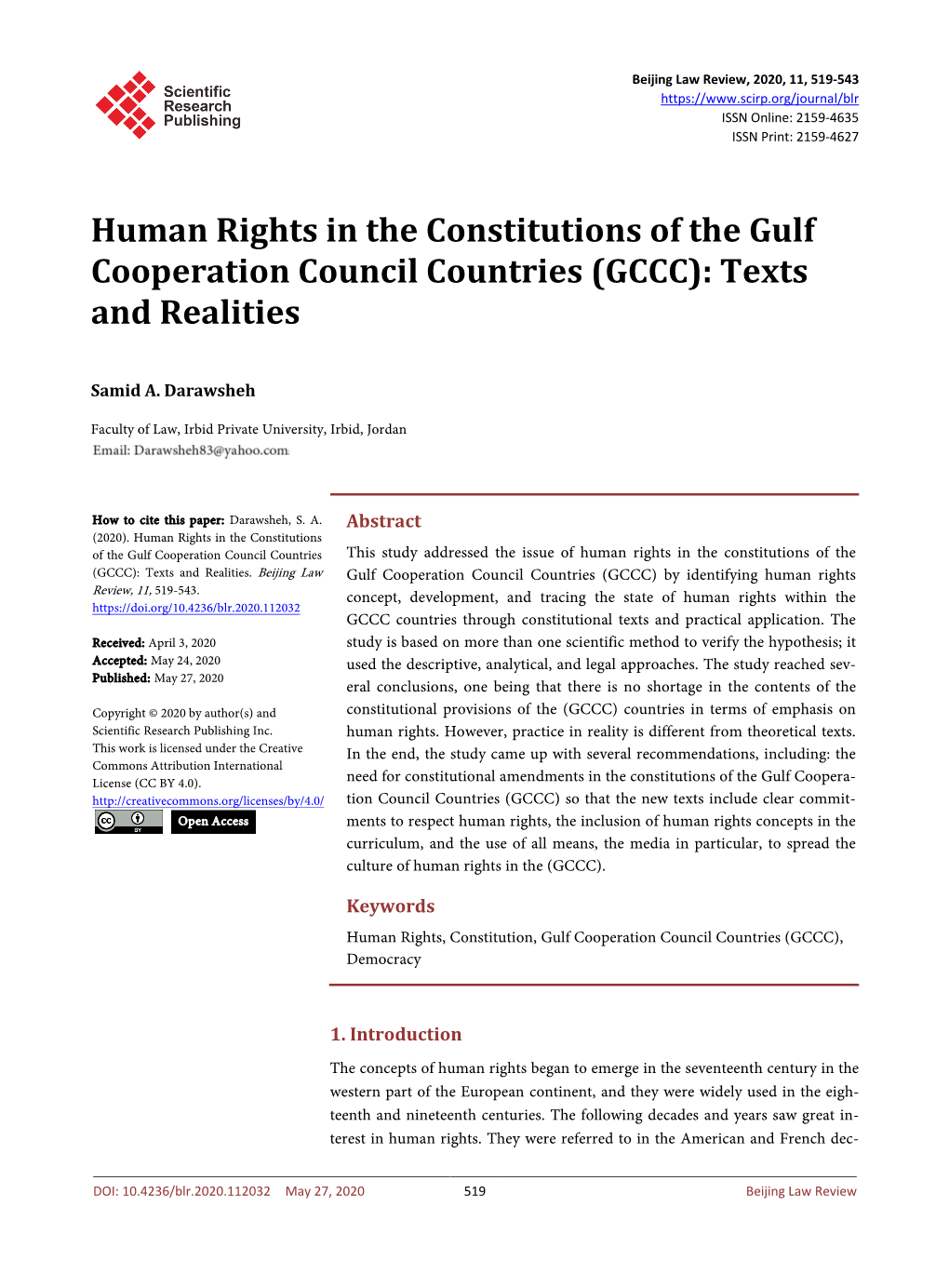 Human Rights in the Constitutions of the Gulf Cooperation Council Countries (GCCC): Texts and Realities