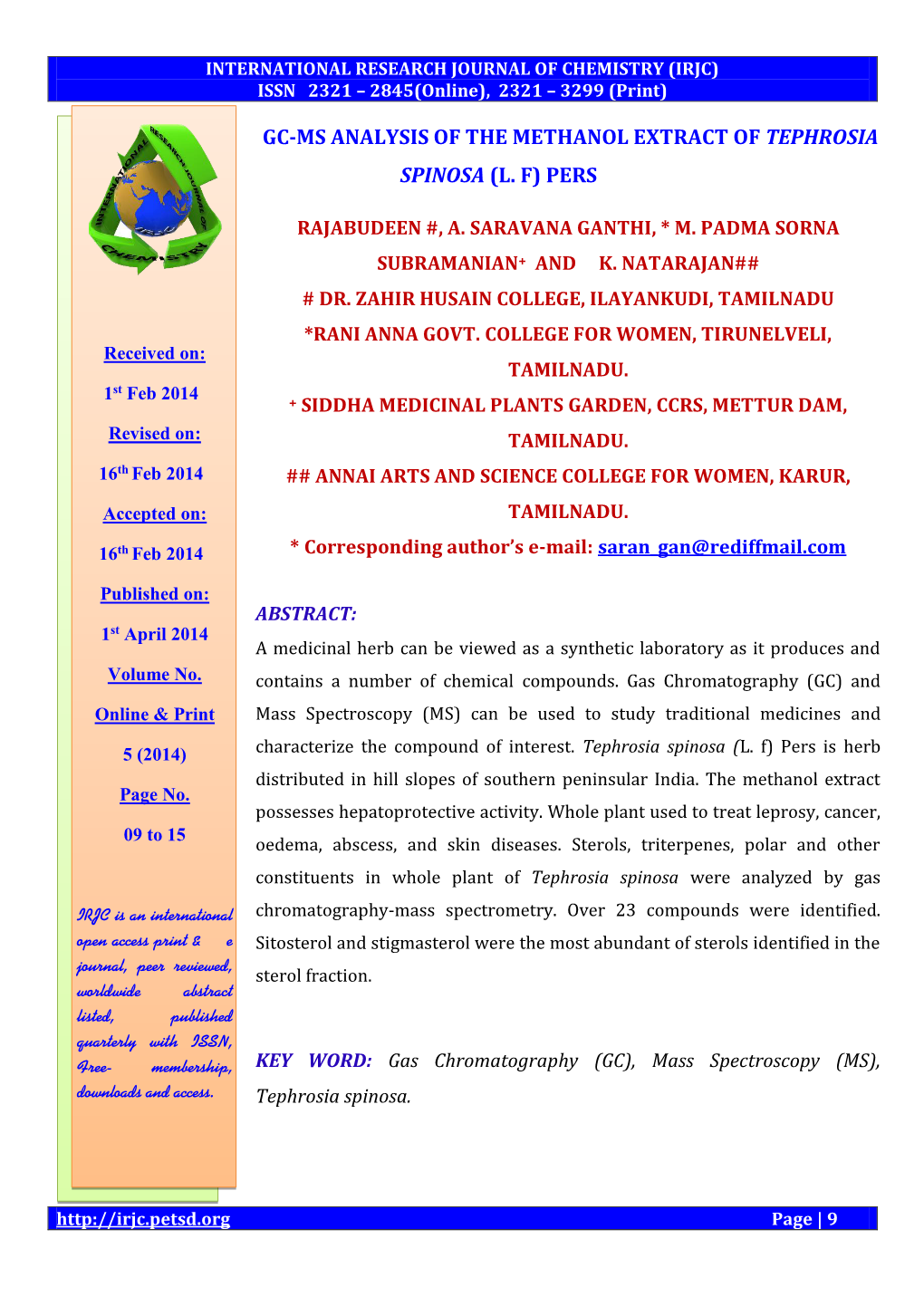 Gc-Ms Analysis of the Methanol Extract of Tephrosia