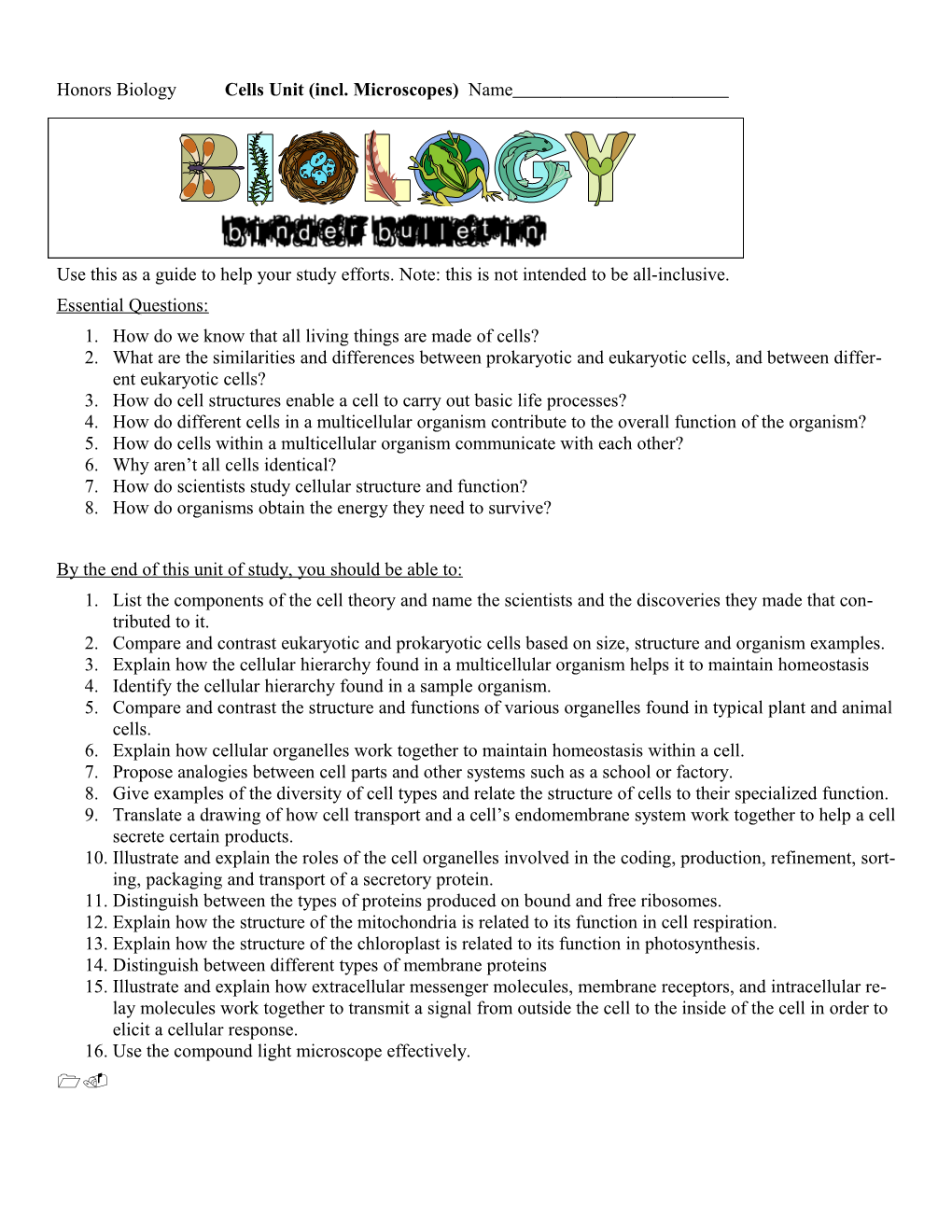 Honors Biology Cells Unit (Incl. Microscopes) Name