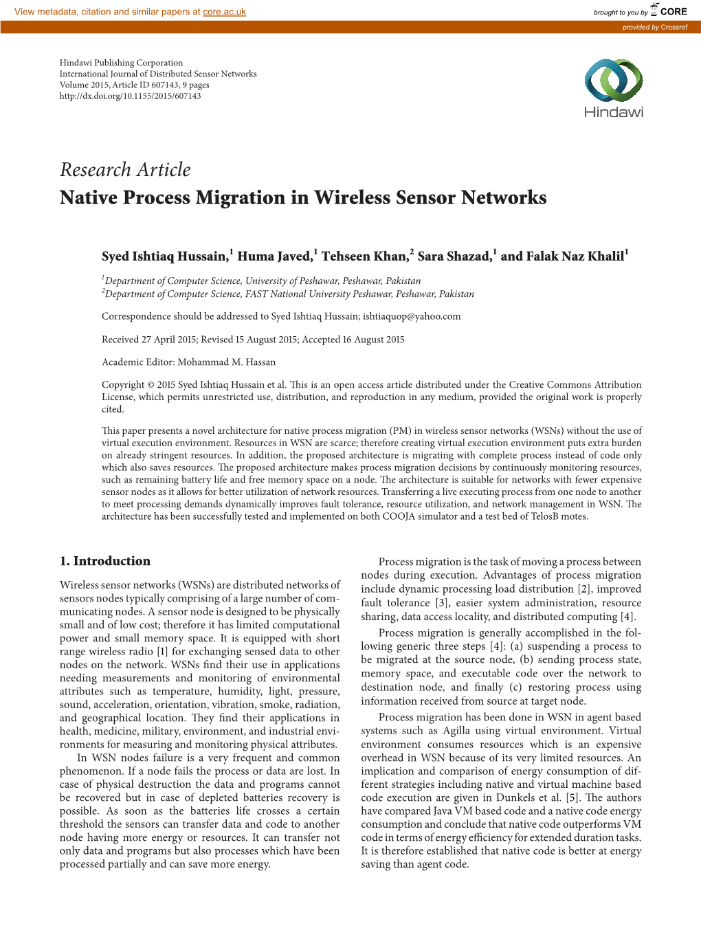 Research Article Native Process Migration in Wireless Sensor Networks