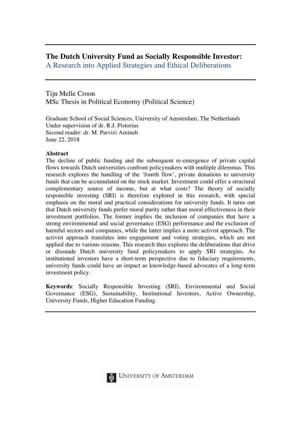 The Dutch University Fund As Socially Responsible Investor: a Research Into Applied Strategies and Ethical Deliberations