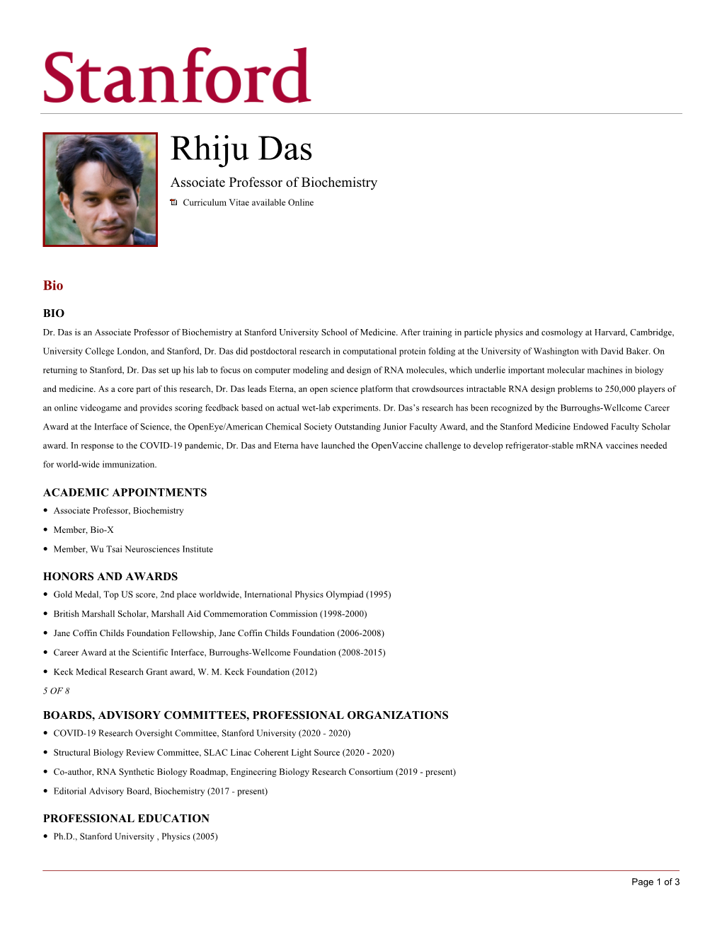 Rhiju Das Associate Professor of Biochemistry Curriculum Vitae Available Online