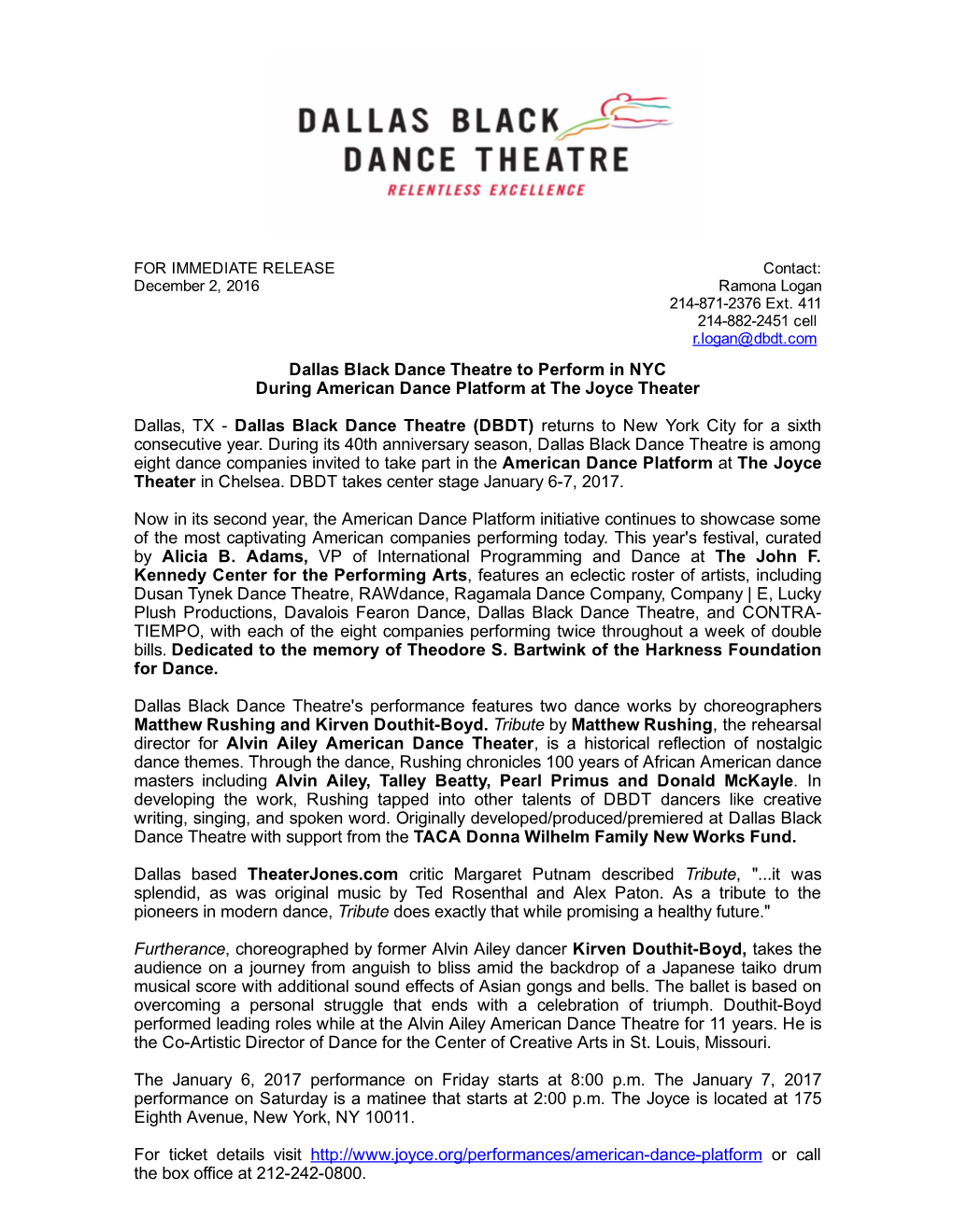 Dallas Black Dance Theatre to Perform in NYC During American Dance Platform at the Joyce Theater Dallas, Txана