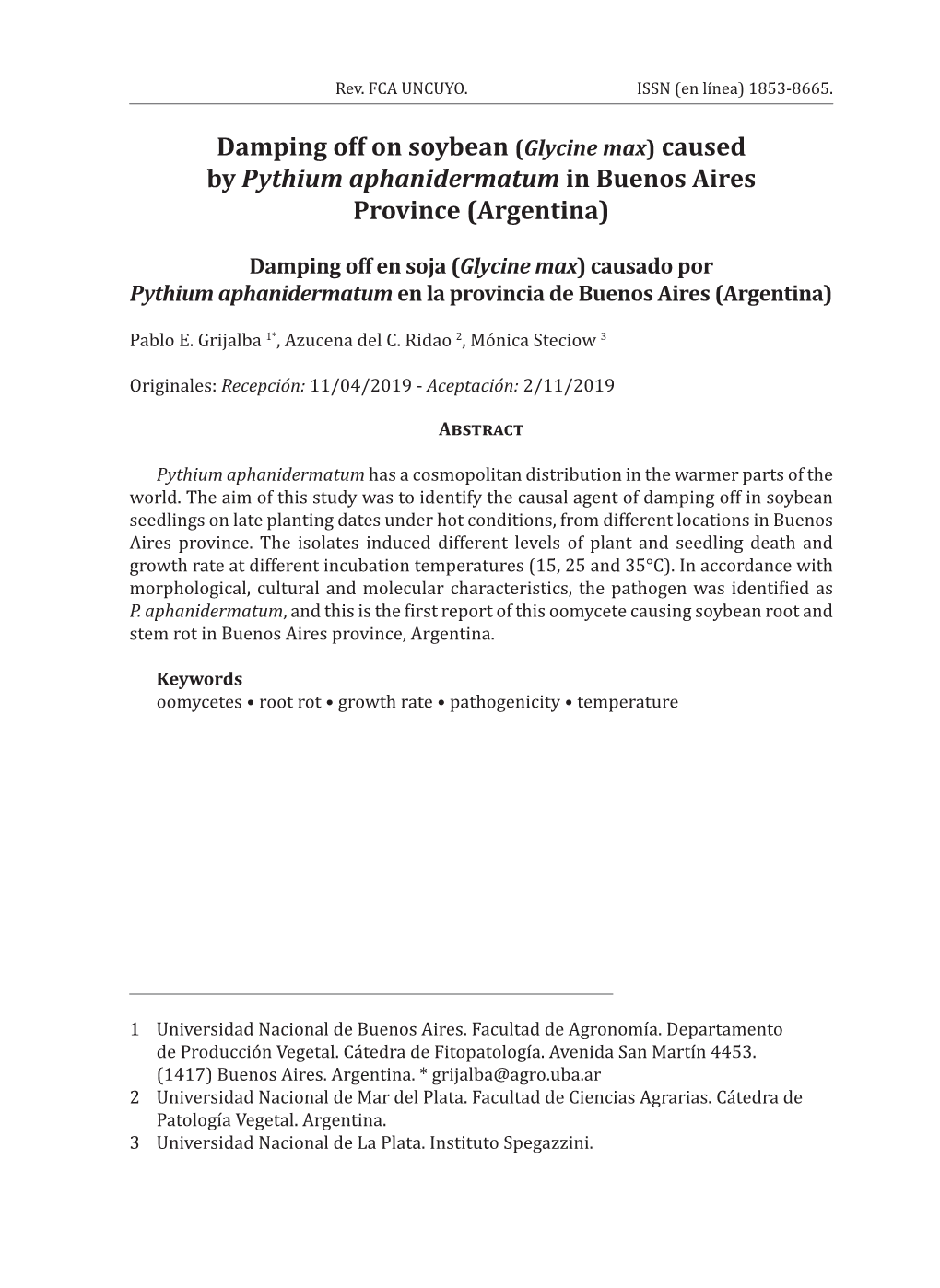 Damping Off on Soybean (Glycine Max) Caused by Pythium Aphanidermatum in Buenos Aires Province (Argentina)