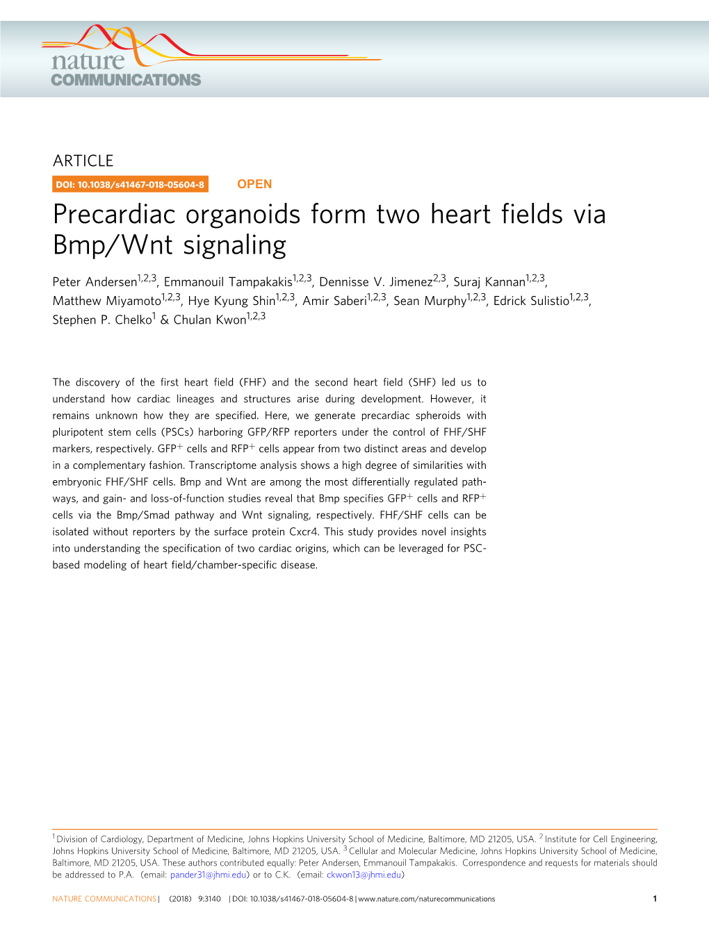 Precardiac Organoids Form Two Heart Fields Via Bmp/Wnt Signaling